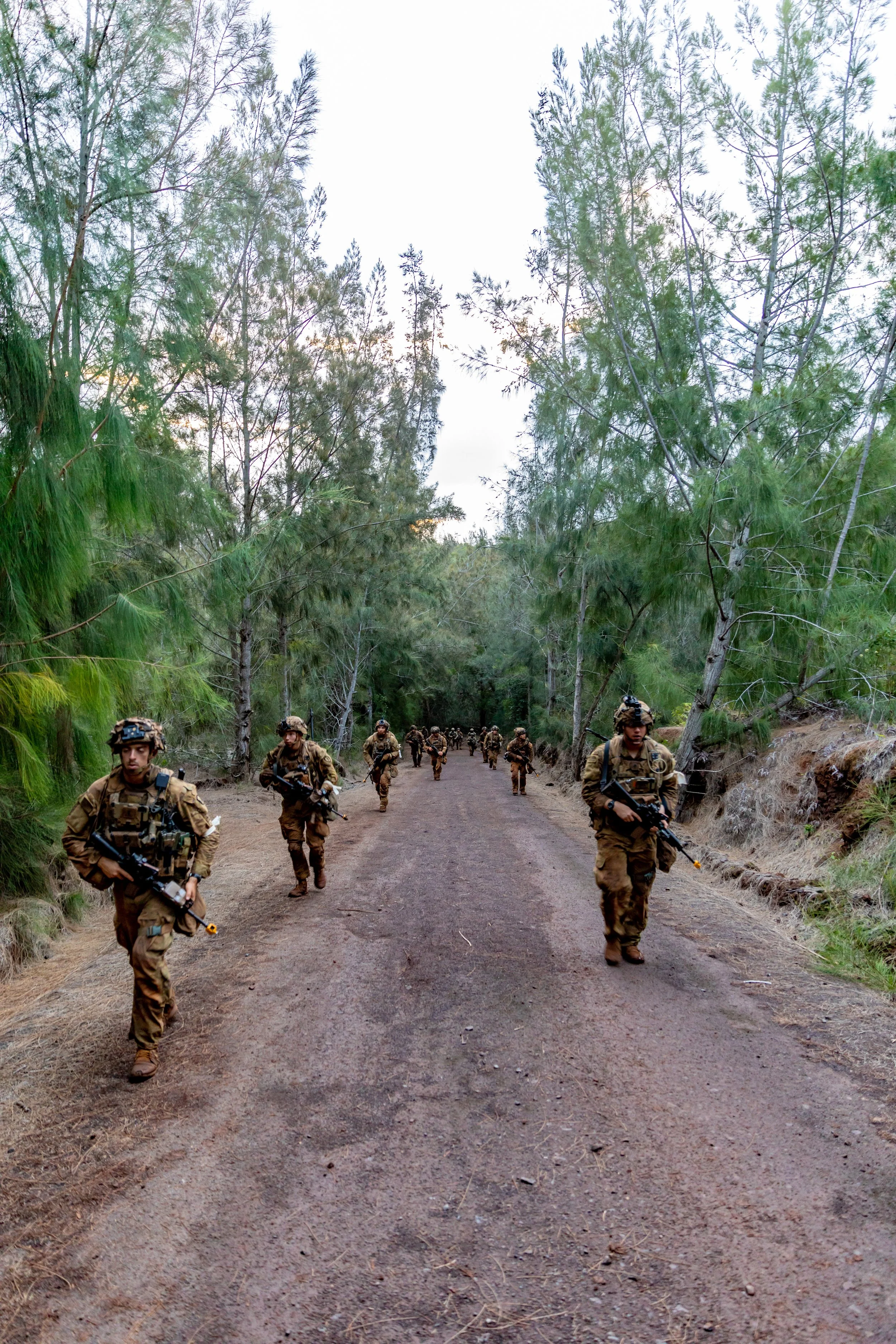 Group of soldiers patrolling a dirt road through a forested area with tall green trees.