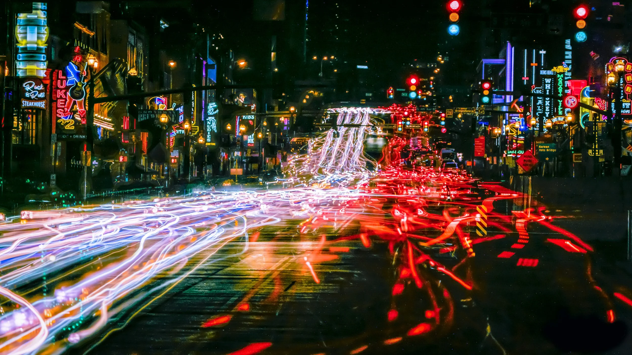 Broadway in Nashville, long exposure