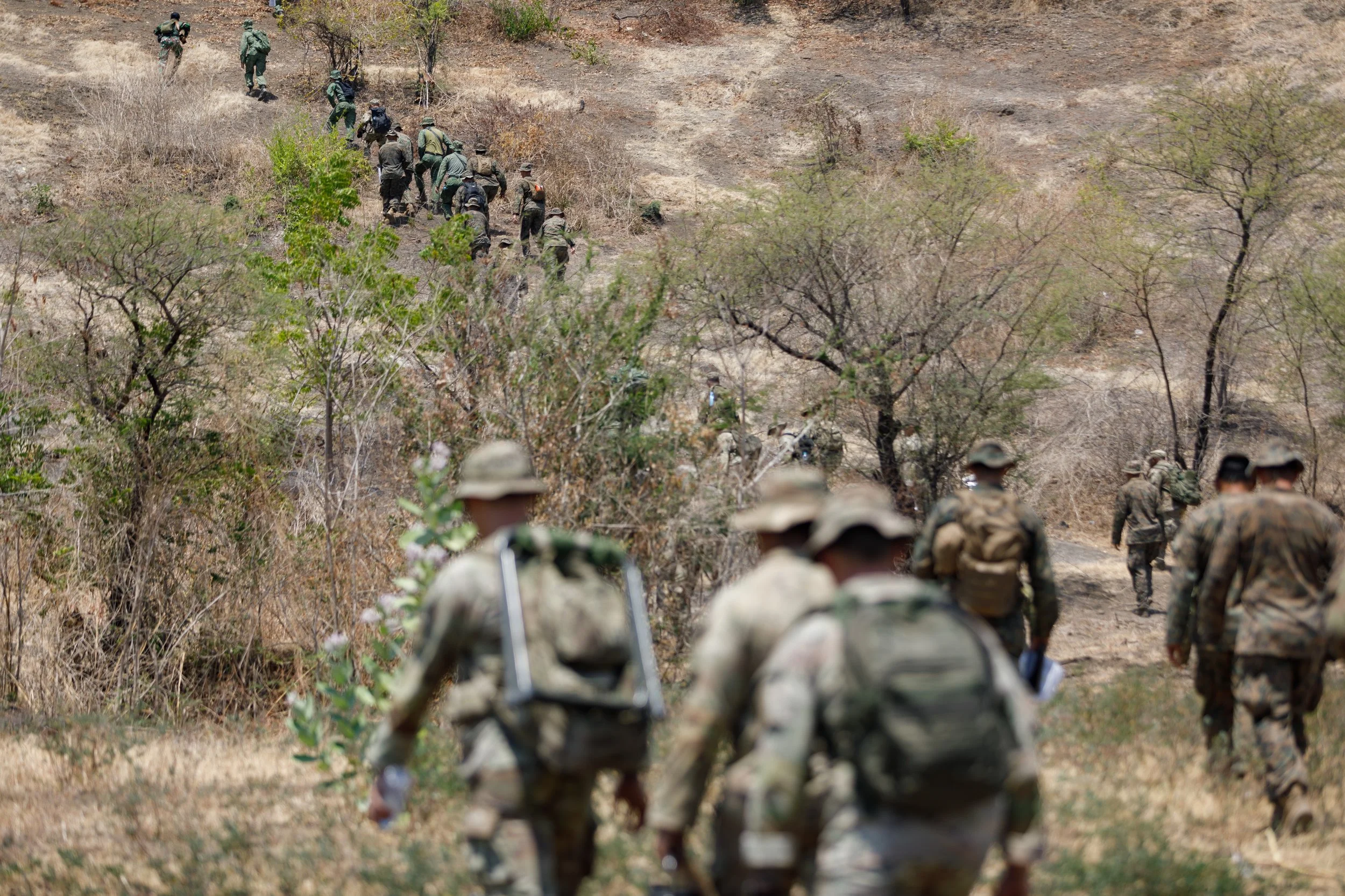 Group of soldiers hiking up a dry, hilly terrain with sparse trees and bushes.