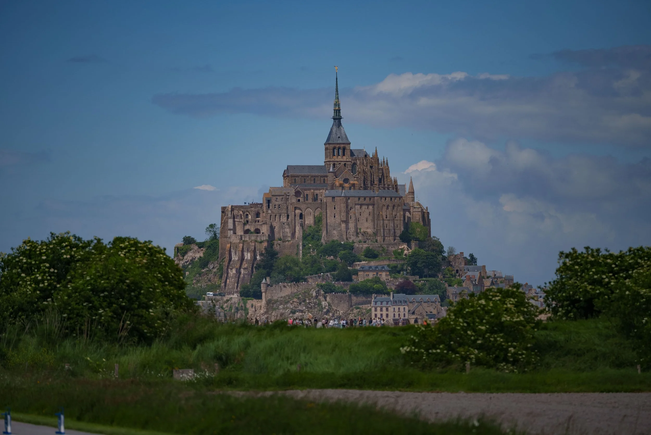 A view of Mont Saint-Michel, a historic island commune in France, with a towering abbey at its center surrounded by smaller buildings, set against a partly cloudy sky, with greenery and a pathway in the foreground.