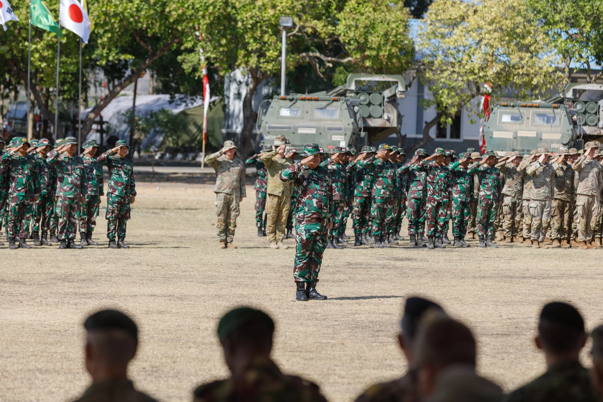 Military personnel standing in formation, saluting, with camouflage uniforms, tanks and flags in the background.