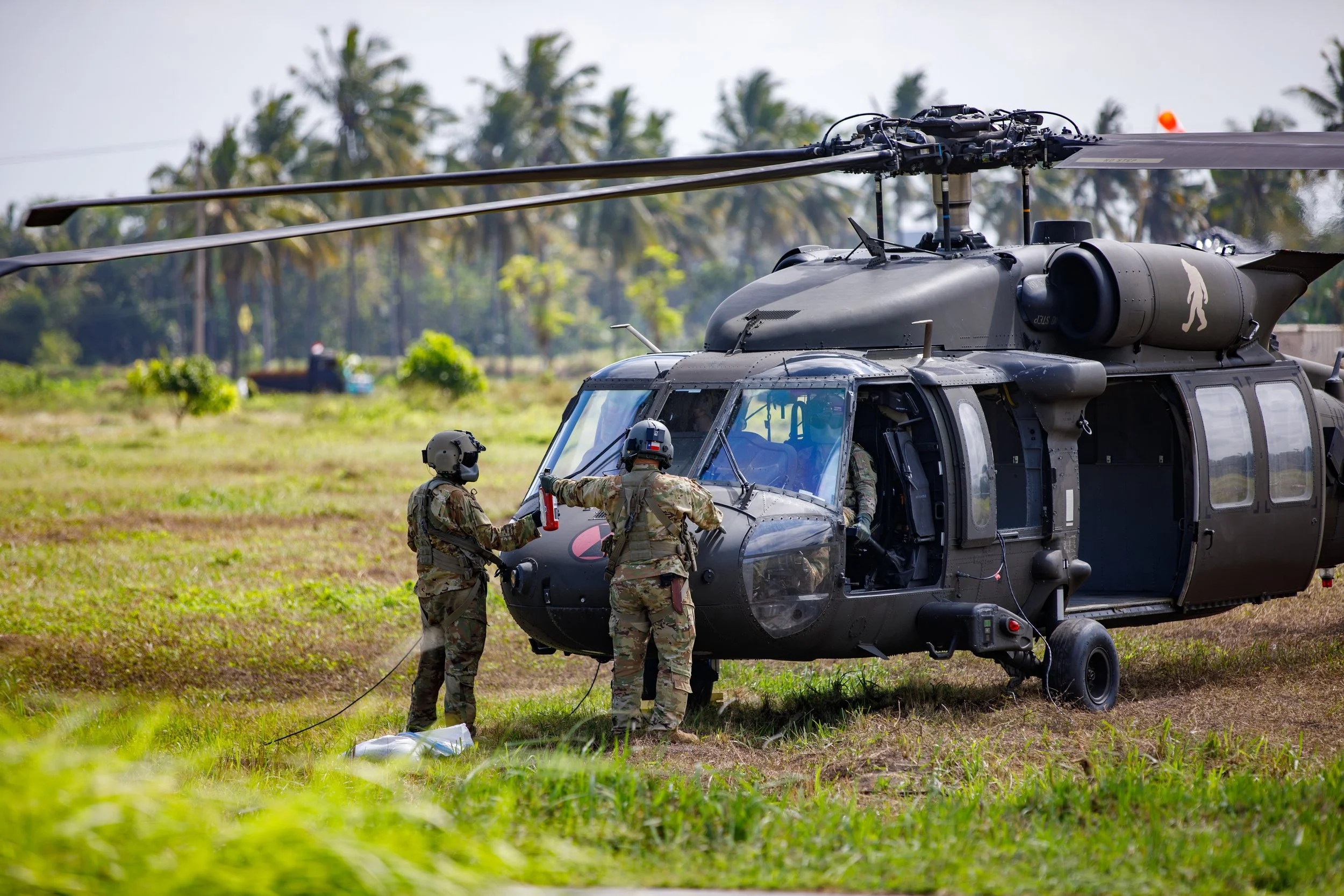 Military personnel in camouflage uniforms and helmets preparing a black UH-60 Black Hawk helicopter on a grassy field with palm trees in the background.