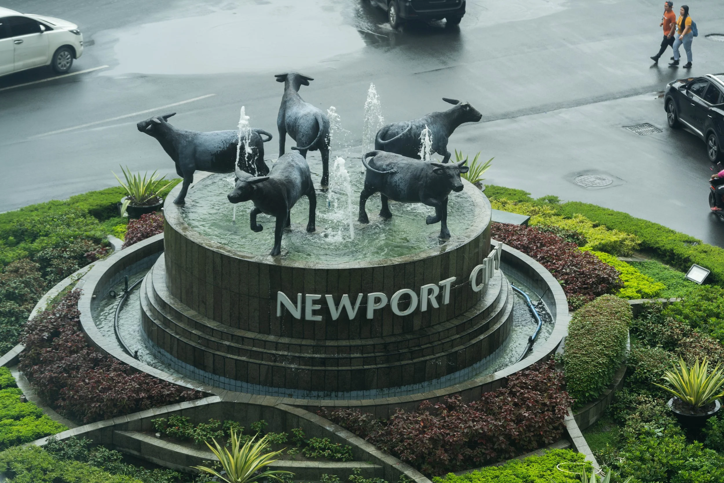 Bronze sculptures of cows with water fountains on a circular base with the words "NEWPORT" and "CITY" in front of a street with cars and pedestrians.