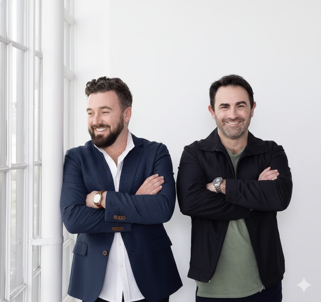 Jamie Russell and Mike Burke, two smiling men standing with arms crossed against a white wall near large window