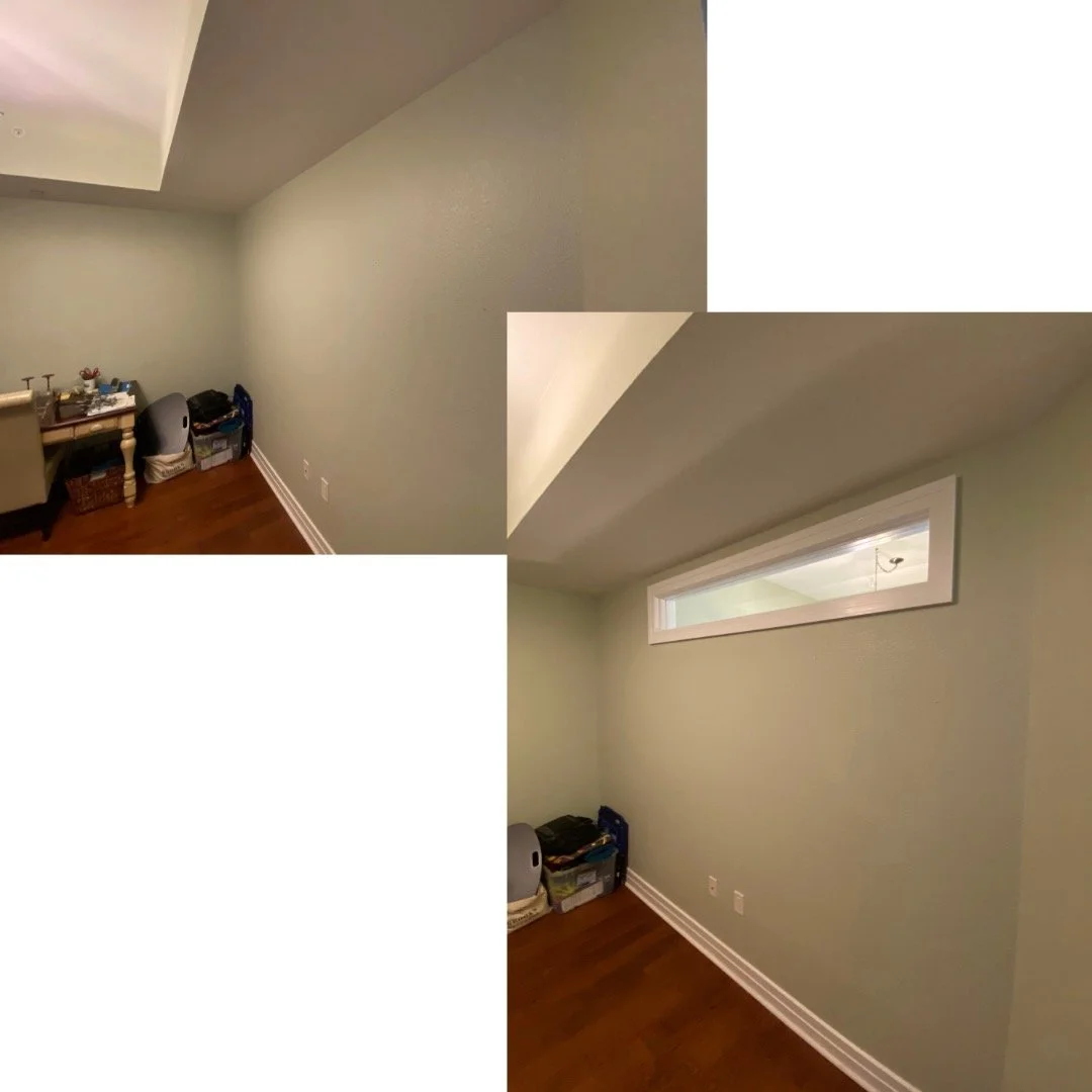 Before and after image of an interior transom window installation by Mr. Handyman in Clearwater, adding natural light to an enclosed room.