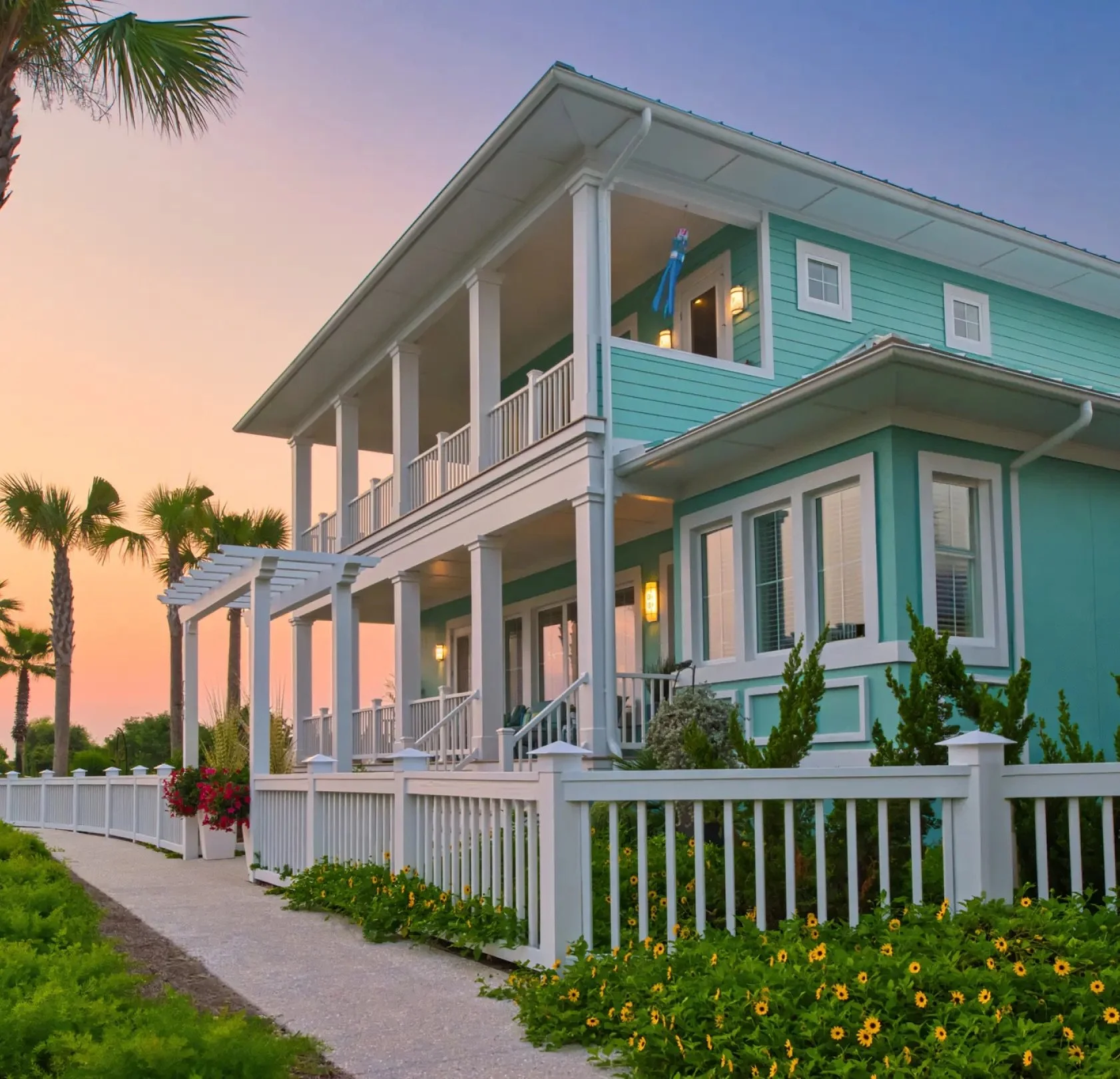 Two-story beach-style home with light teal wood plank siding, white trim, and covered porch in Clearwater, FL