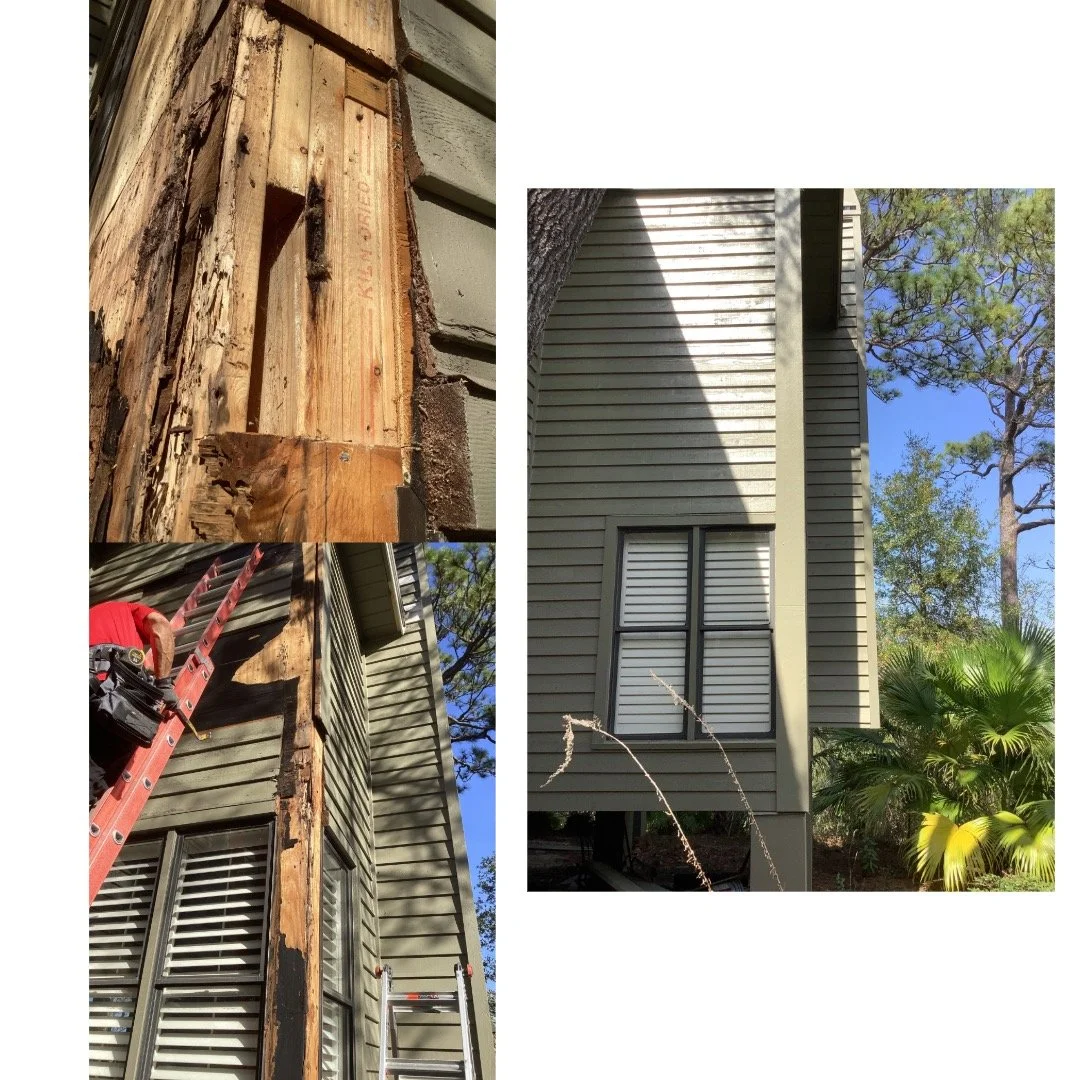 Damaged exterior siding removed to reveal rotted studs and frame, before siding restoration by Mr. Handyman.