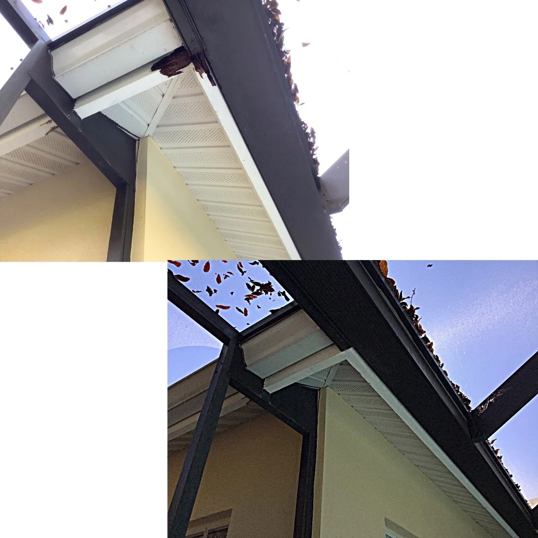 Before and after fascia board repair showing extensive wood rot damage and restored trim on residential home exterior.
