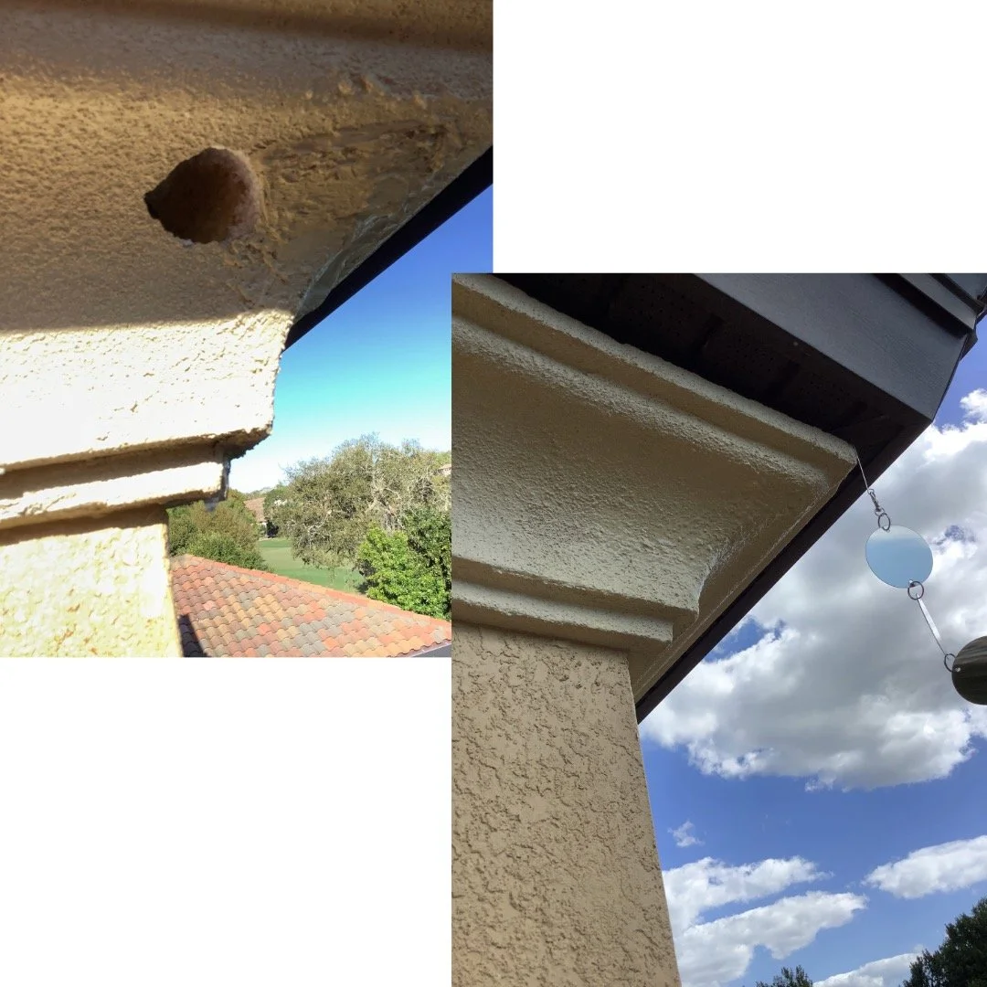 Cracked and repaired stucco soffit area around exterior decorative columns on a beige home.