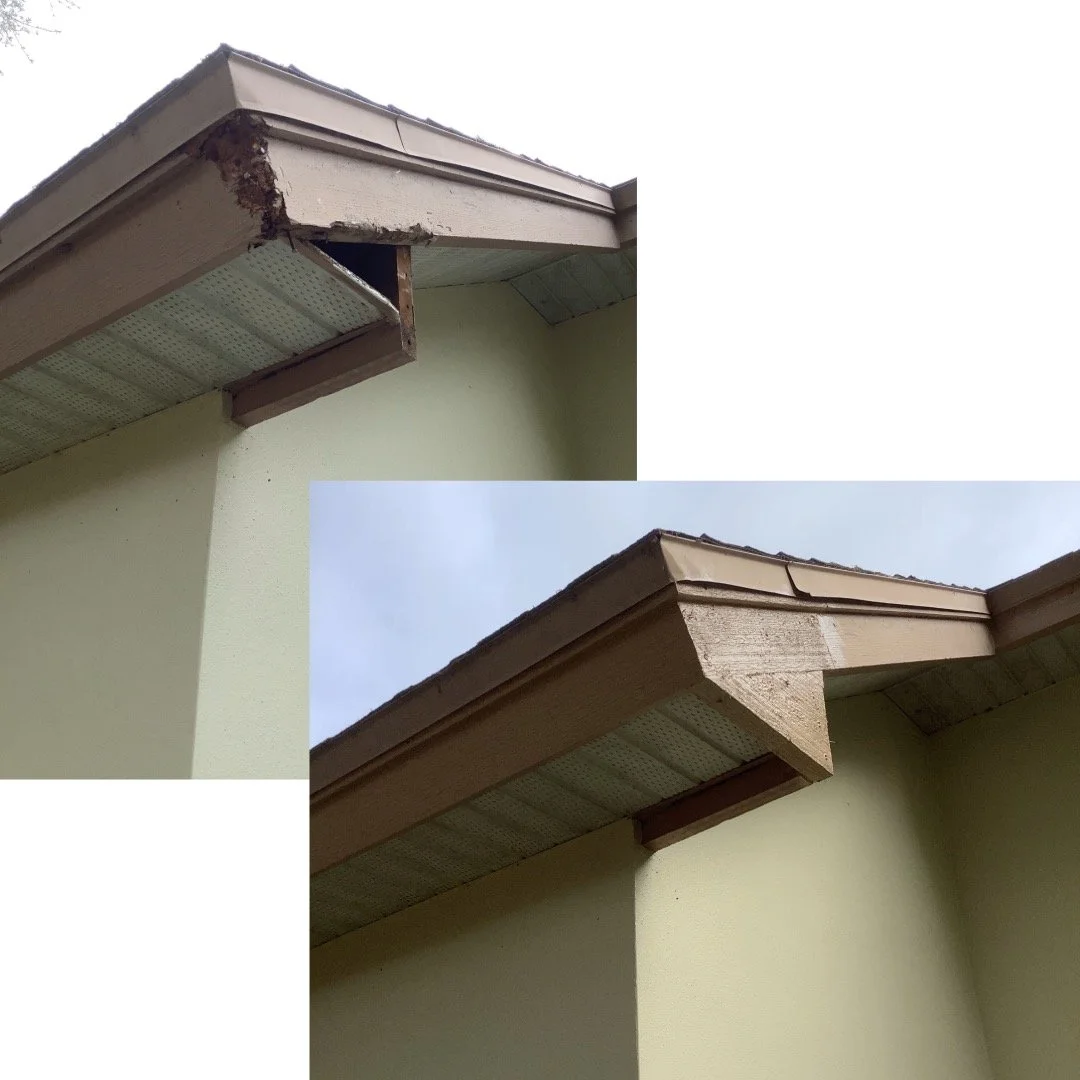 Severely rotted wood fascia board on a corner roof edge and finished repair with new wood installed.