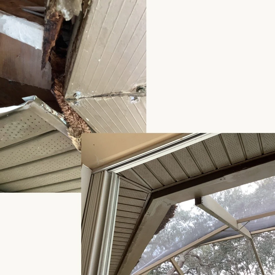 Close-up of soffit rot and structural damage near a screened porch with perforated vinyl panels.