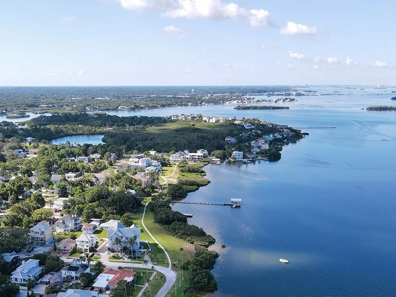 Aerial view of coastal homes and waterfront in Palm Harbor, Florida