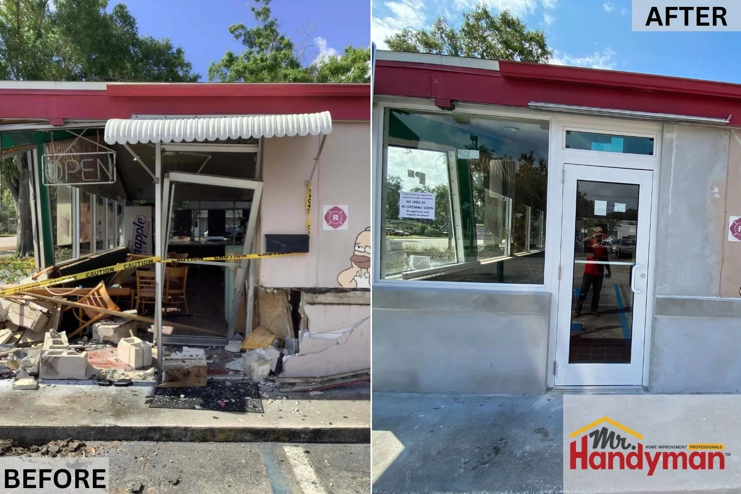 Before and after of commercial storefront door and wall repair completed by Mr. Handyman of Tampa Clearwater, showing complete restoration after major damage.