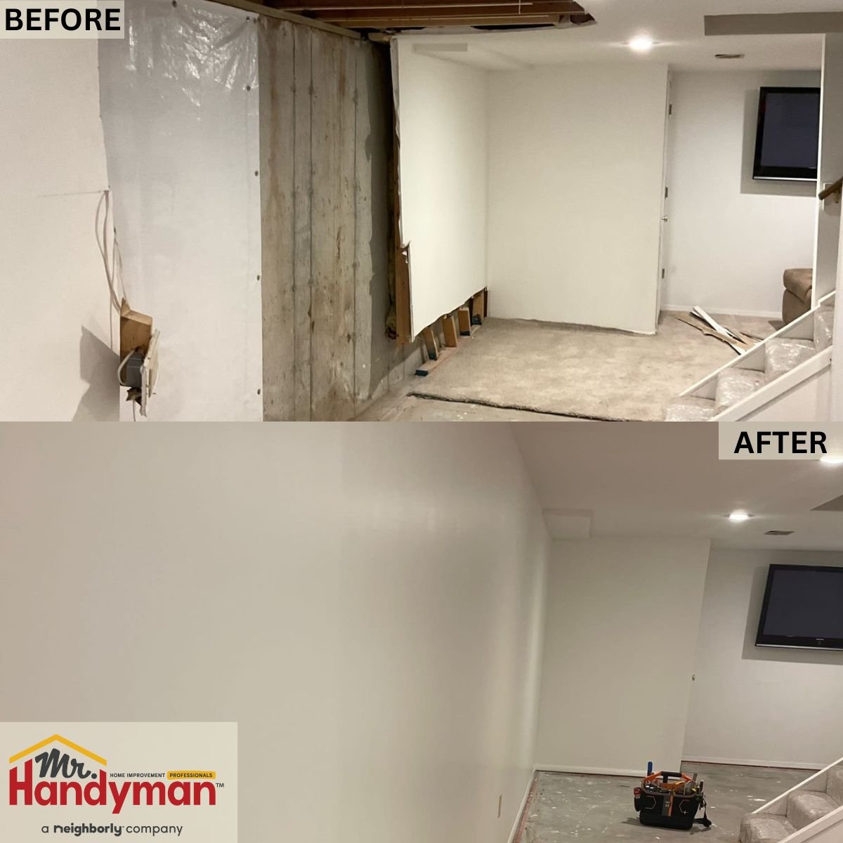 Before and after drywall repair and installation by Mr. Handyman in Tampa and Clearwater showing damaged wall restored to a smooth, finished surface.