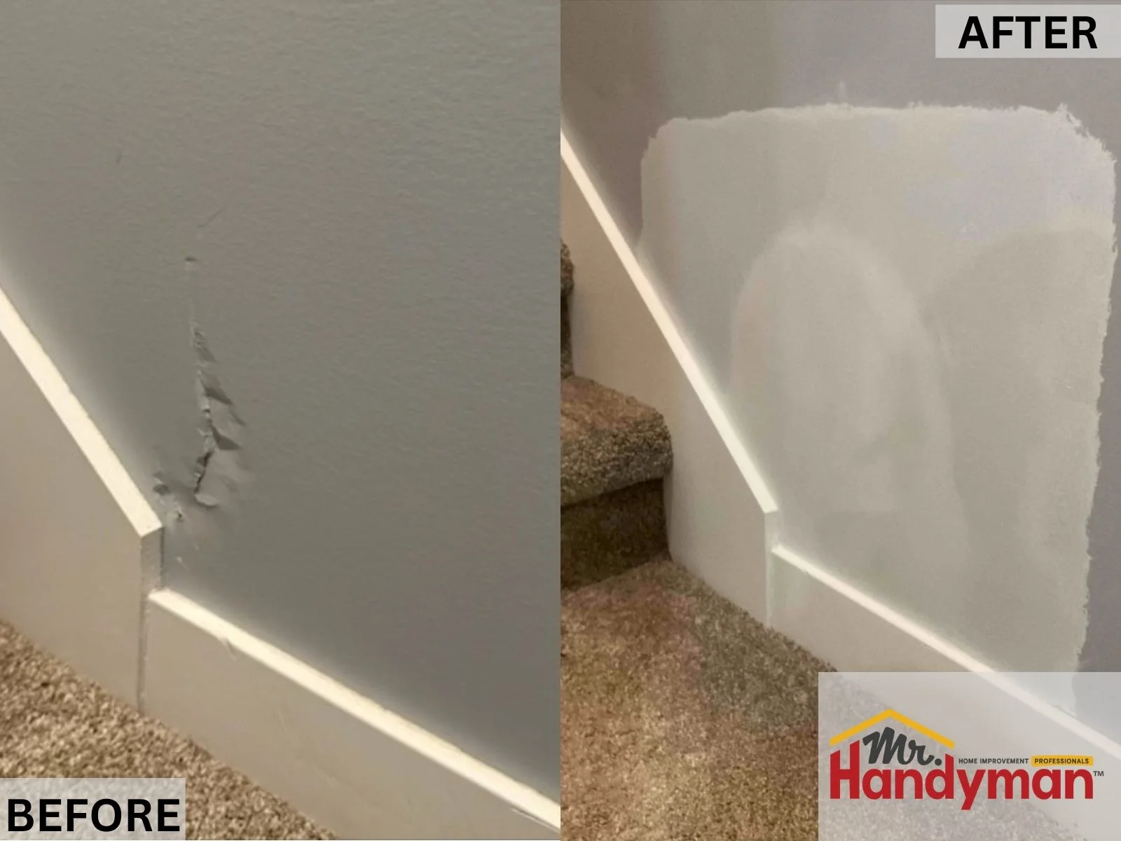 Before and after drywall repair on stairwell wall by Mr. Handyman in Tampa and Clearwater.
