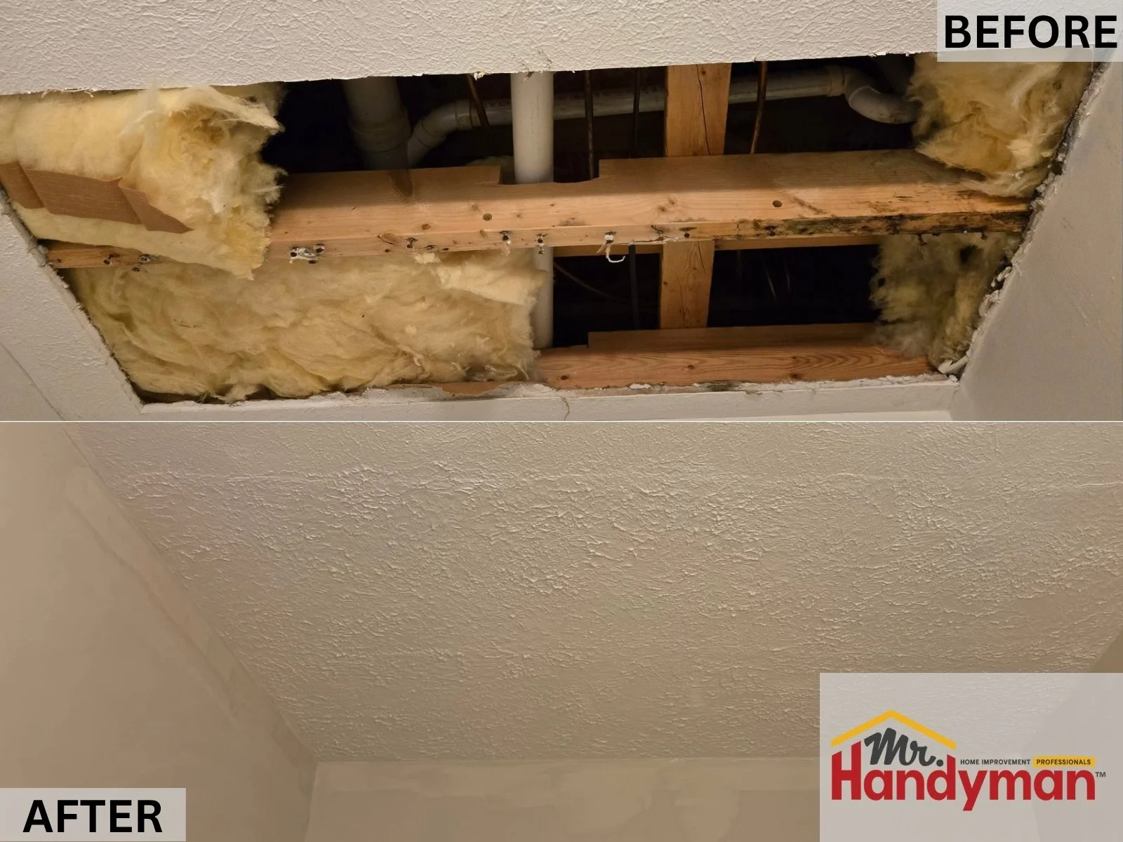 Before and after drywall ceiling repair with framing and insulation by Mr. Handyman in Tampa and Clearwater.