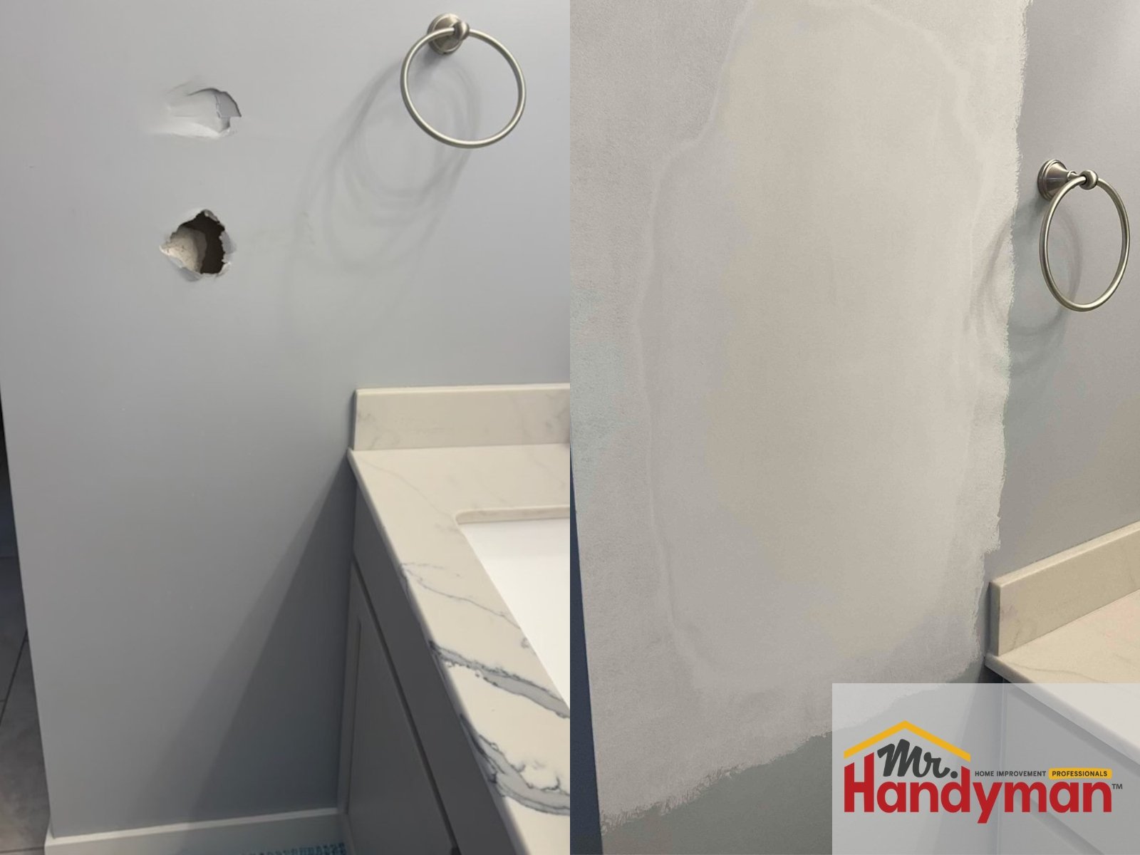 Before and after photos of bathroom drywall hole repair by Mr. Handyman in Tampa and Clearwater, showing smooth and seamless wall finish.