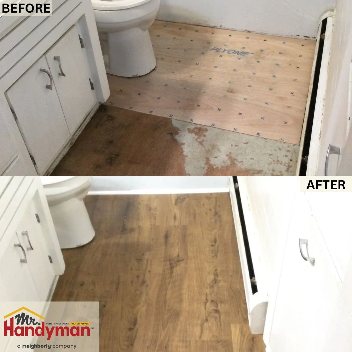 Before and after photo of bathroom flooring replacement by Mr. Handyman of Tampa and Clearwater, showing upgraded vinyl plank flooring.