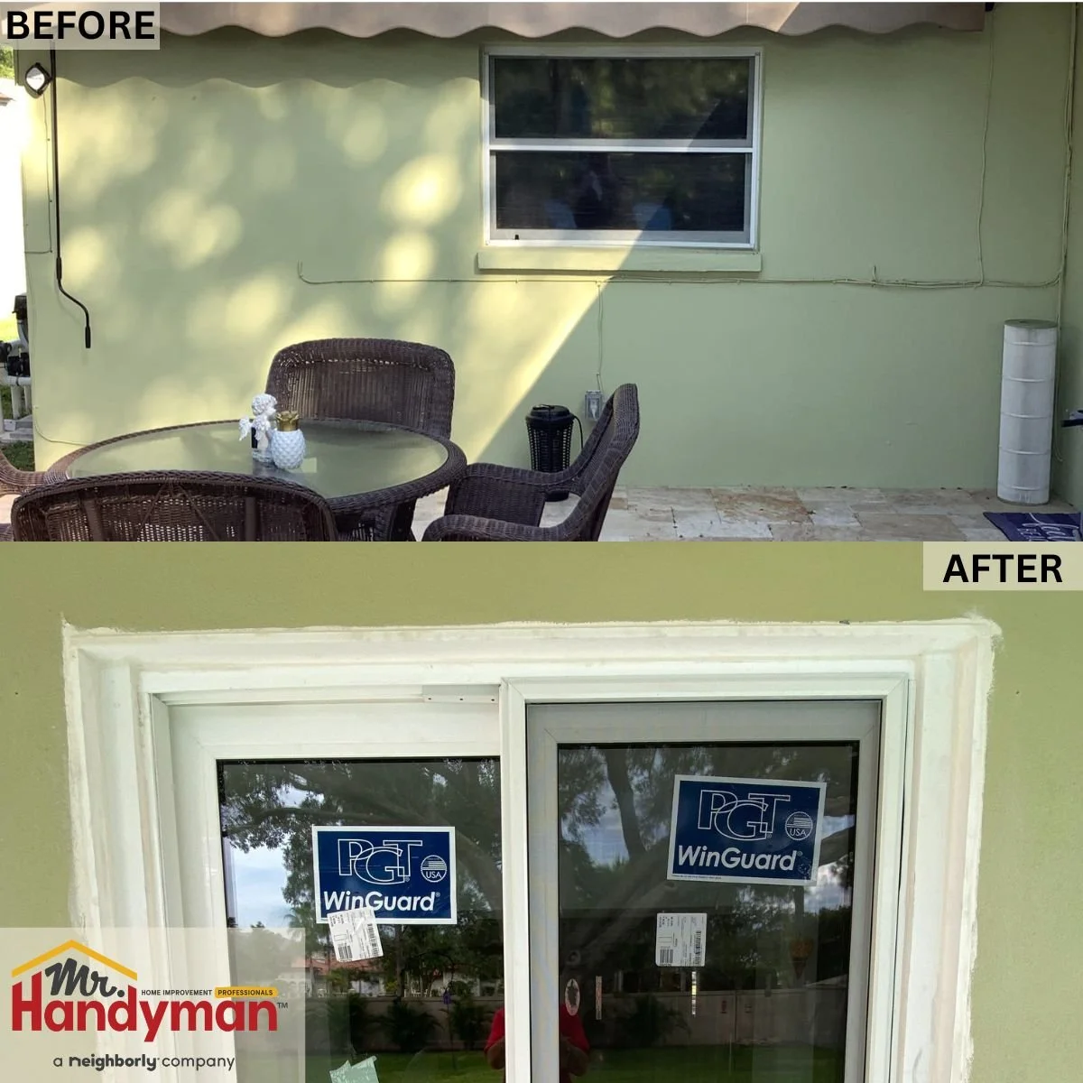 Before and after of door install repair by Mr. Handyman of Tampa and Clearwater, showing patched and refinished bathroom ceiling.