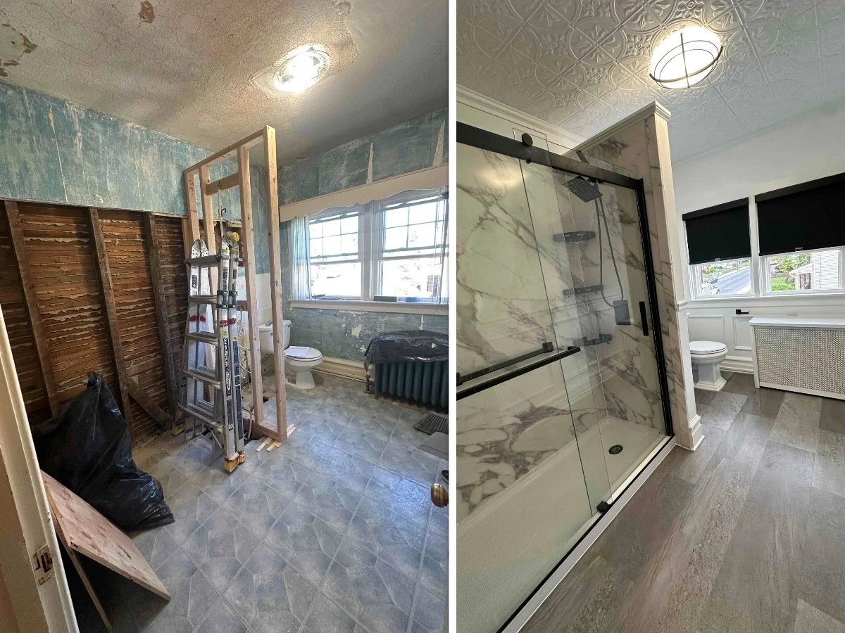 Bathroom remodel with new walk-in shower, vinyl flooring, and custom wall tile – Tampa Clearwater handyman project