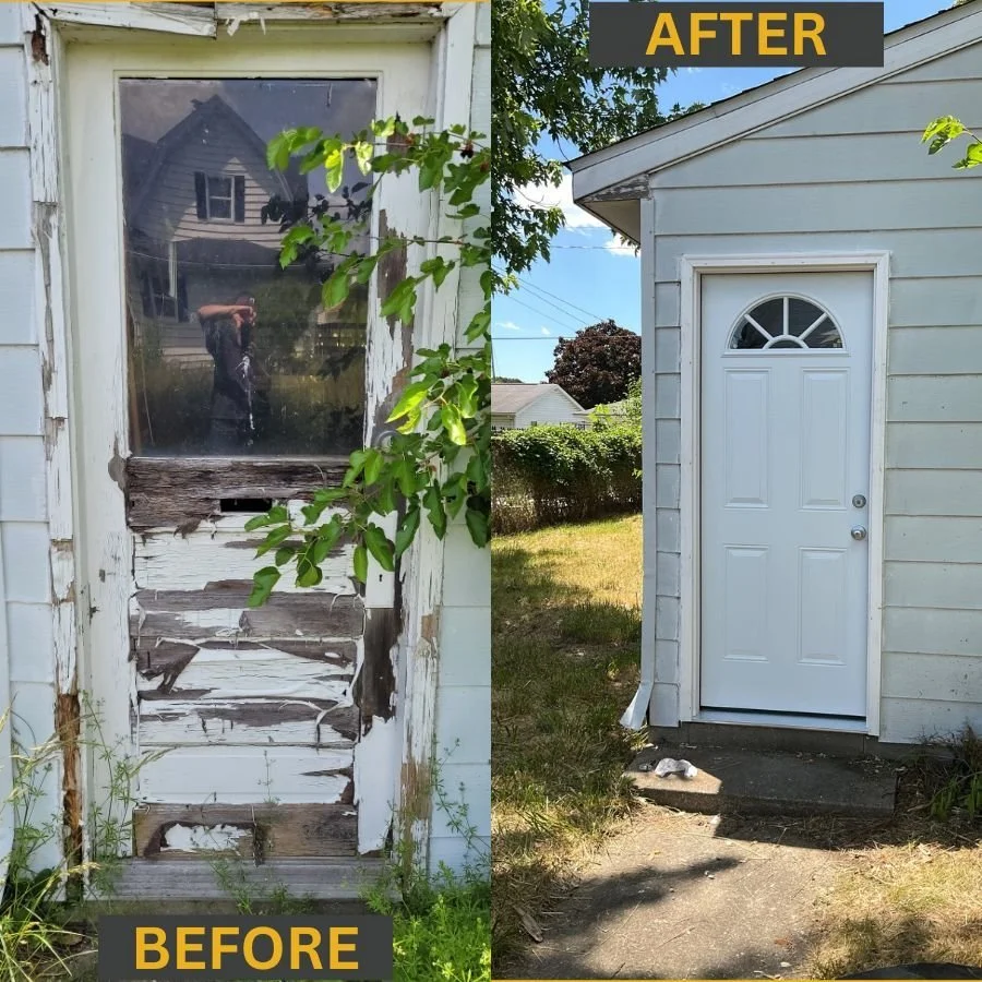 Worn exterior door replaced with new white entry door – Tampa handyman work