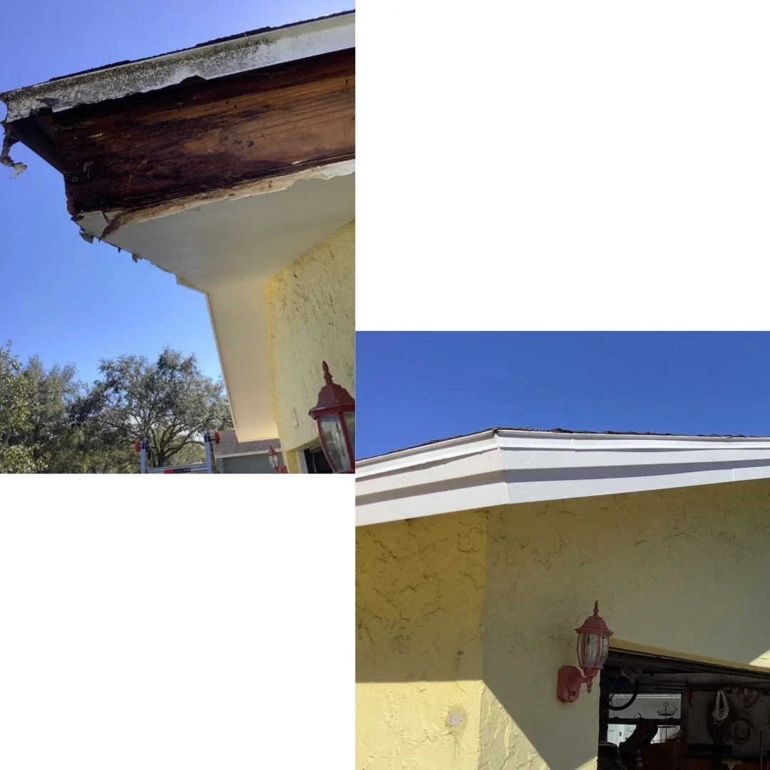 Before and after collage showing fascia board repair on a Tampa–Clearwater home, with rotted wood replaced and freshly painted trim.