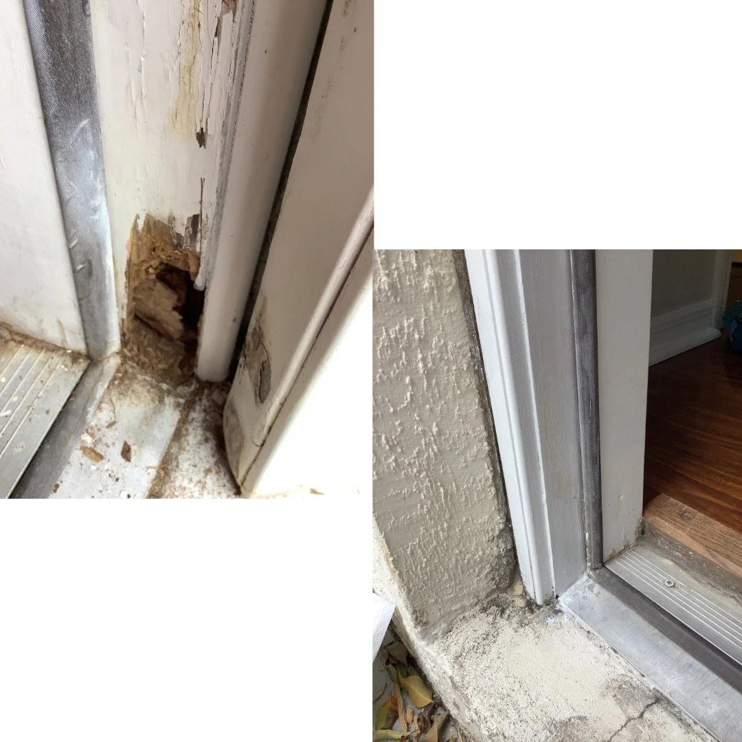 Before and after collage of door frame and subfloor repair in Tampa–Clearwater, showing damaged wood replaced and interior restored.