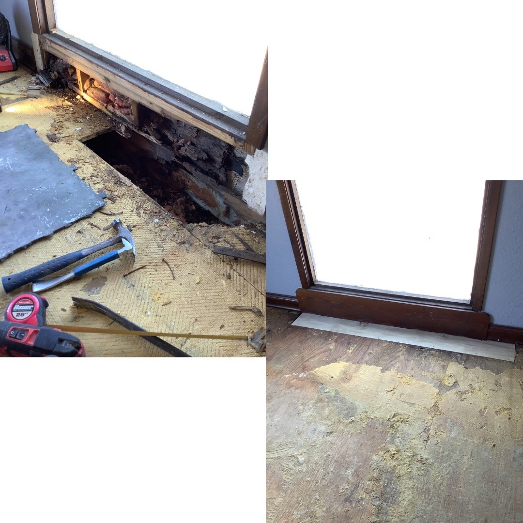 ore and after collage of door frame and subfloor repair in Tampa–Clearwater, showing damaged wood replaced and interior restored.