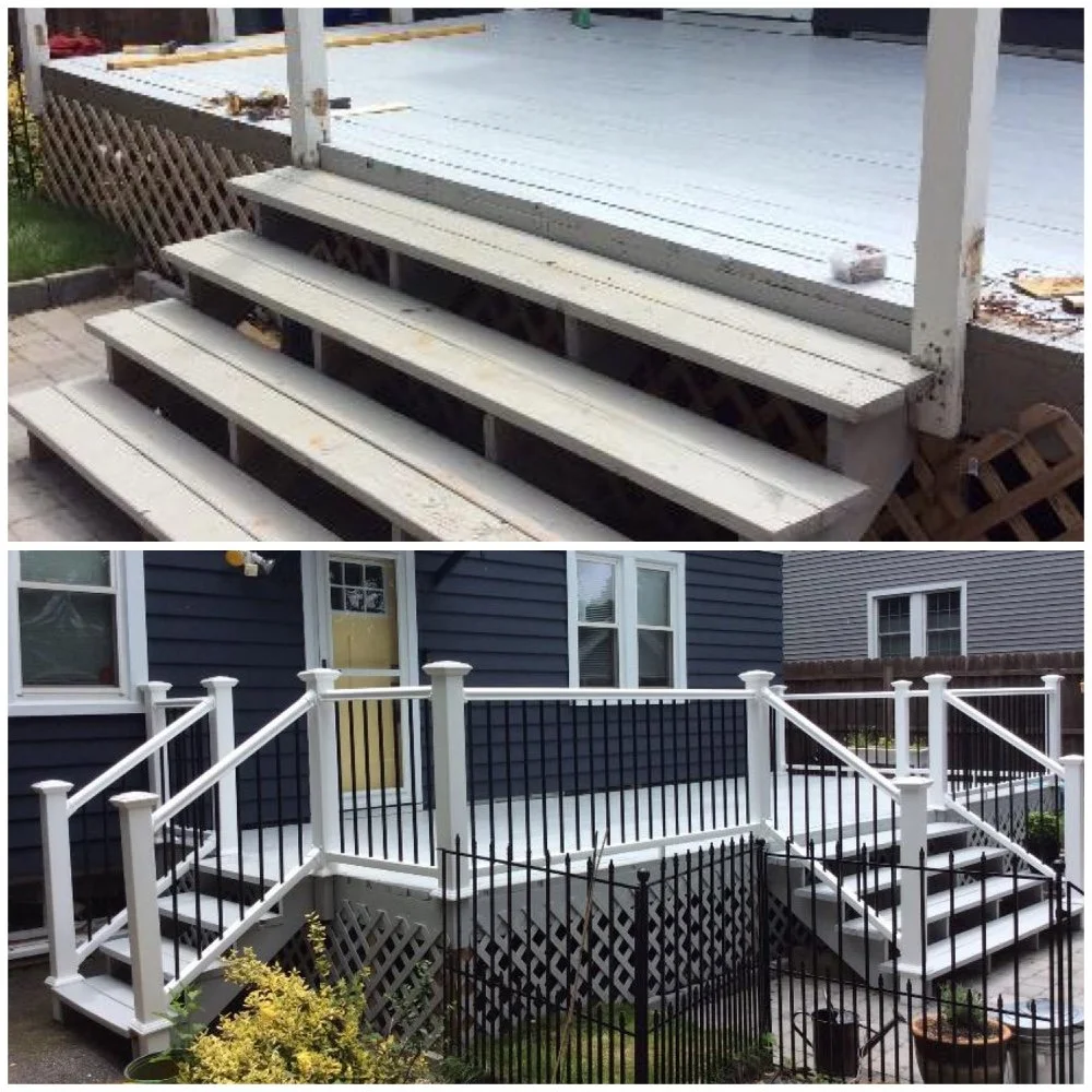 Before and after deck repairs with new white and black railings and updated stairs in Tampa and Clearwater.