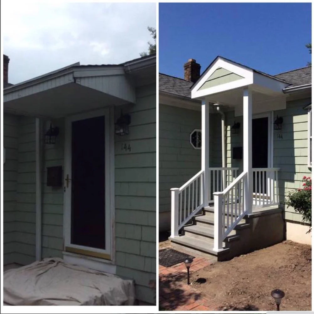 Before and after front porch repair with new white railings and covered entry in Tampa and Clearwater.