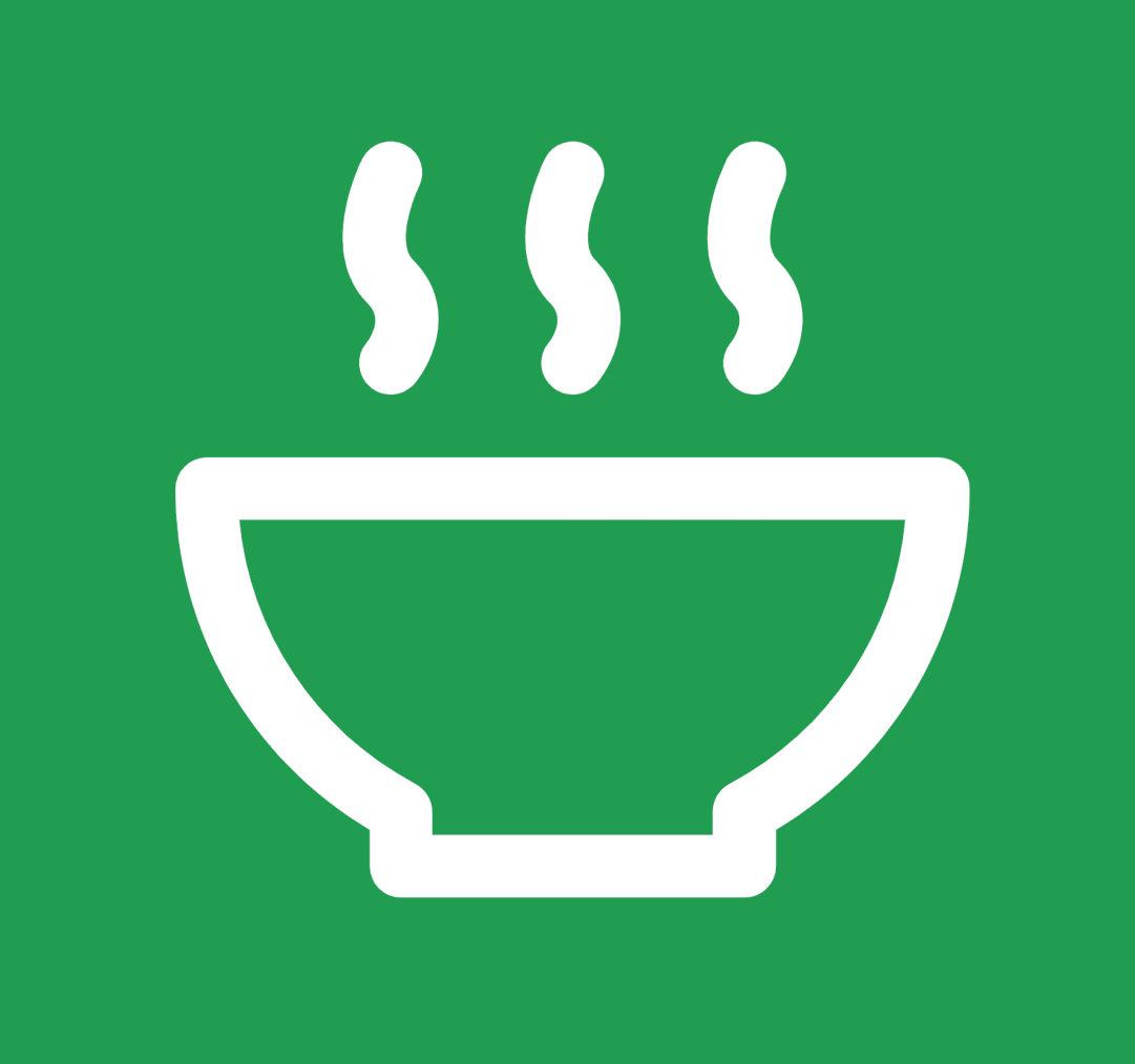 Icon of a steaming bowl, representing hot food or soup, on a green background.