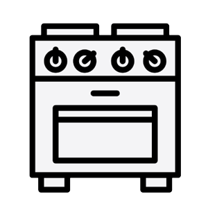 Line drawing of a stove with four burners and an oven.