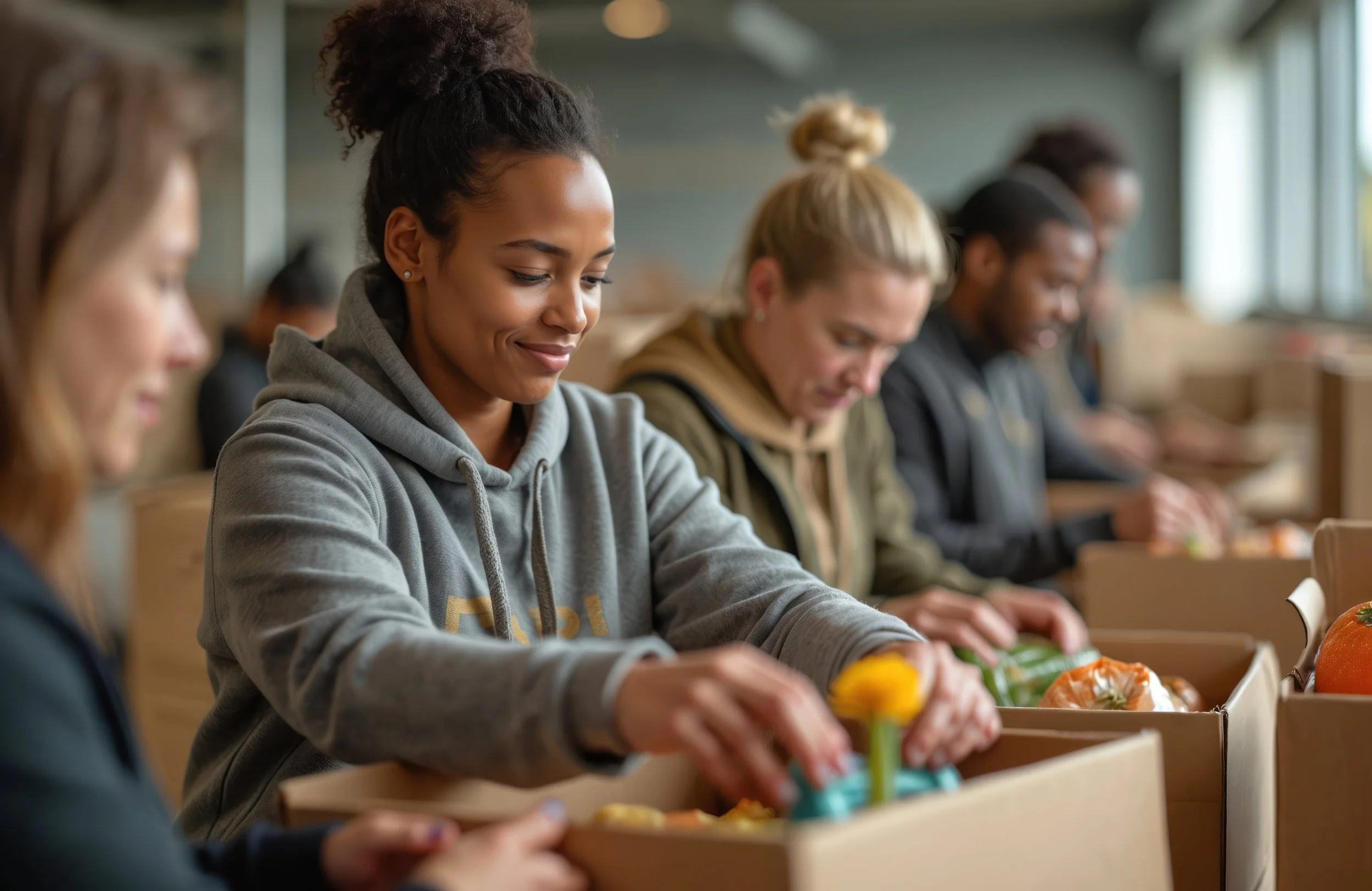 Group of diverse women packing food or supplies into boxes inside a brightly lit room.