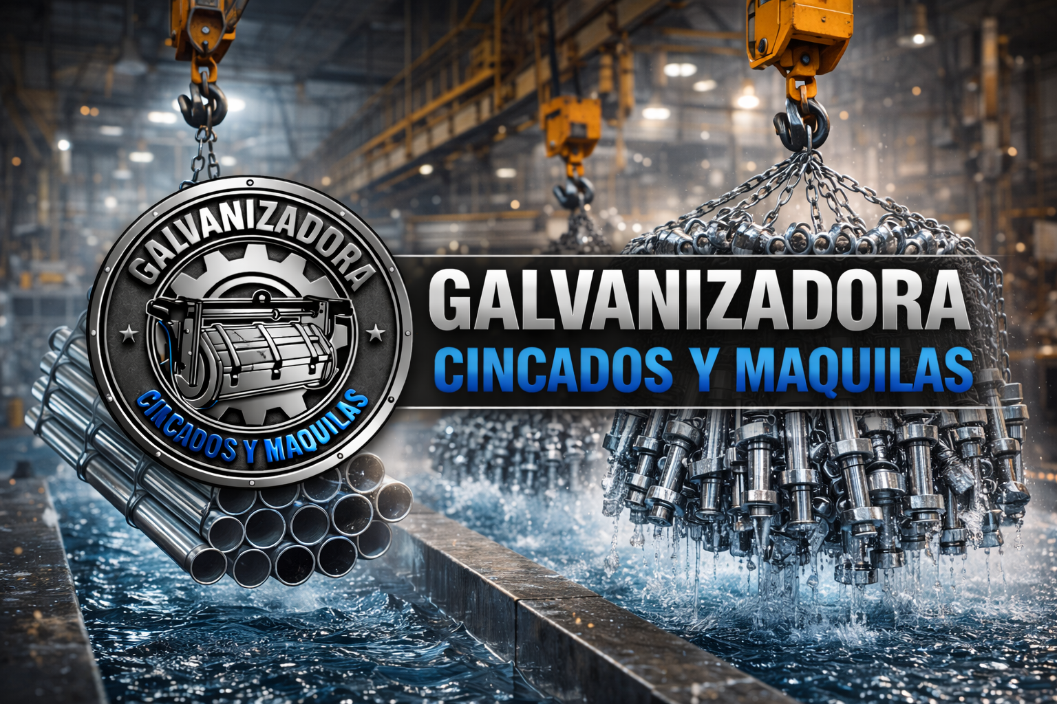 Colgante publicitario con logotipo de una galvanizadora de cinc y maquetas en una fábrica de acero.