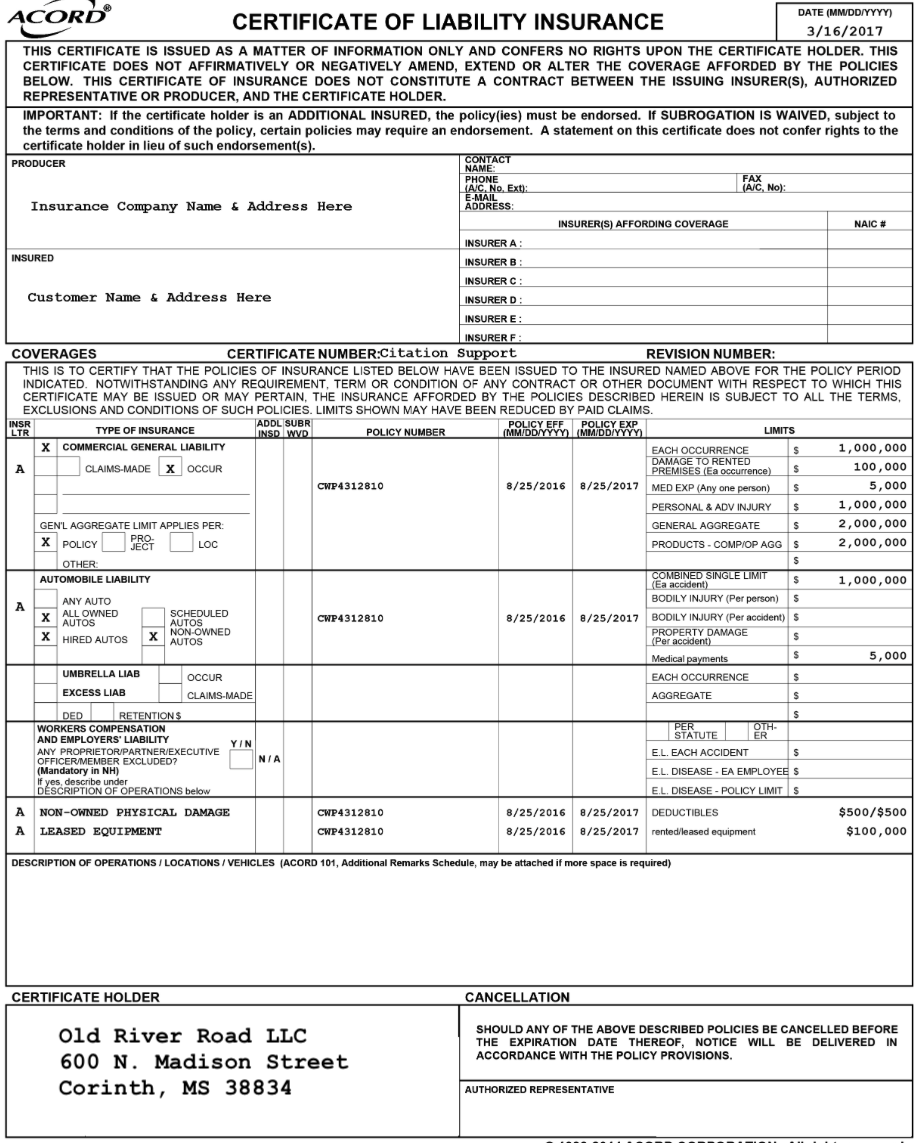 Insurance certificate of liability insurance issued to Old River Road LLC, detailing coverage for commercial general liability and automobile liability, with policy dates from August 25, 2016, to August 25, 2017, including limits and coverages, issued in Corinth, Mississippi.