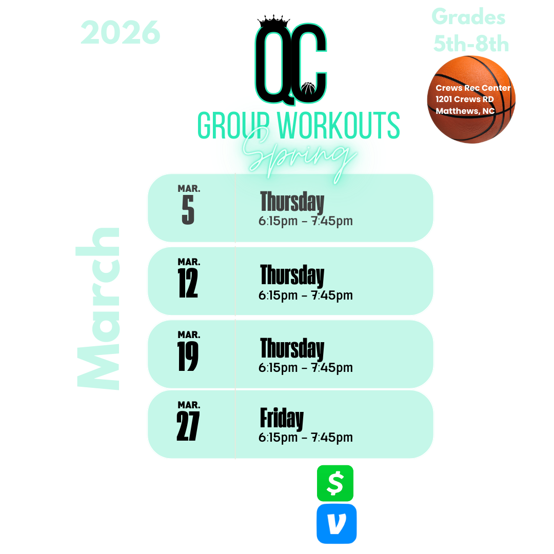 Schedule for OC Spring activities showing dates in March, with events on Thursdays, from 6:15 pm to 7:45 pm, and a basketball schedule at the top right with a basketball icon. The location is Crew Rec Center, 1201 Crews Road, Matthews, NC.