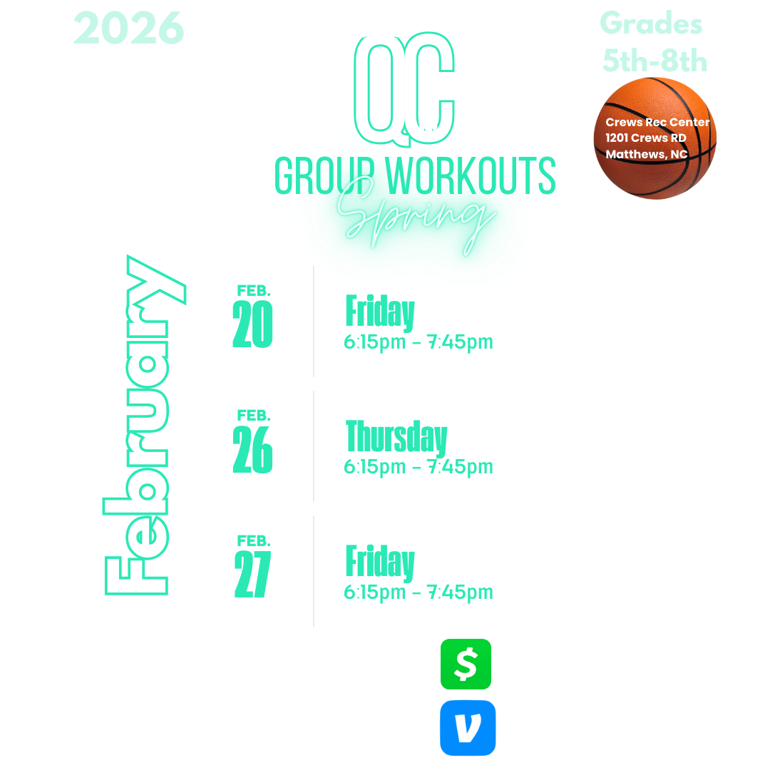 Poster for summer group workouts in spring 2026 at OC, for grades 5th to 8th, at Crews Rec Center, 1201 Crews Road, Matthews, NC. Sessions on February 20, 26, and 27, from 6:15 PM to 7:45 PM. Cost is $25 per session or $70 for three sessions, with a note to include athlete's name and date of attendance.