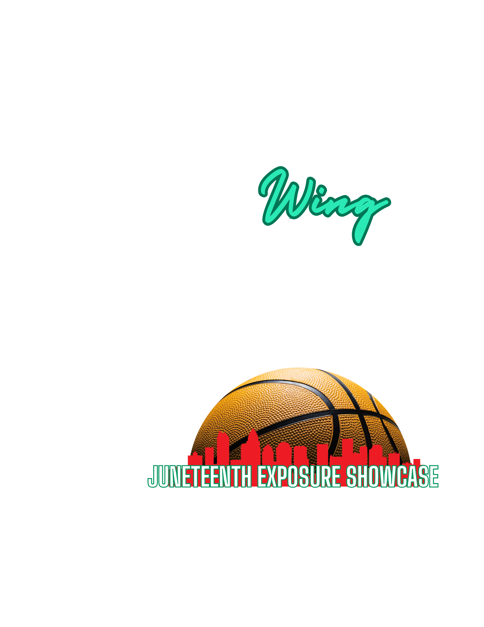 Black flyer with gold basketball graphic, green and white text promoting the Juneteenth Exposure Showcase with words 'Elevate Your Game' and 'Jump Into the Action'.