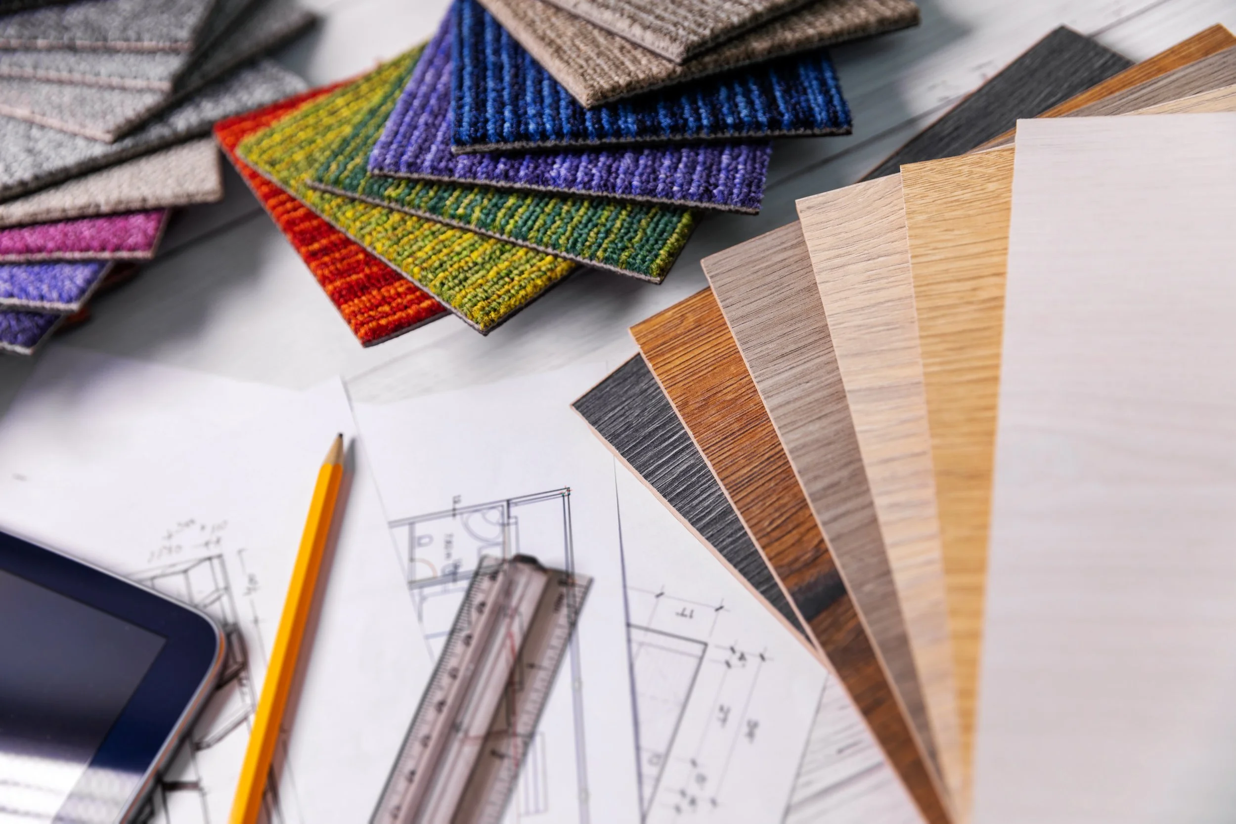 Samples of carpet and flooring materials, architectural blueprints, a pencil, a ruler, and a smartphone on a workspace table.