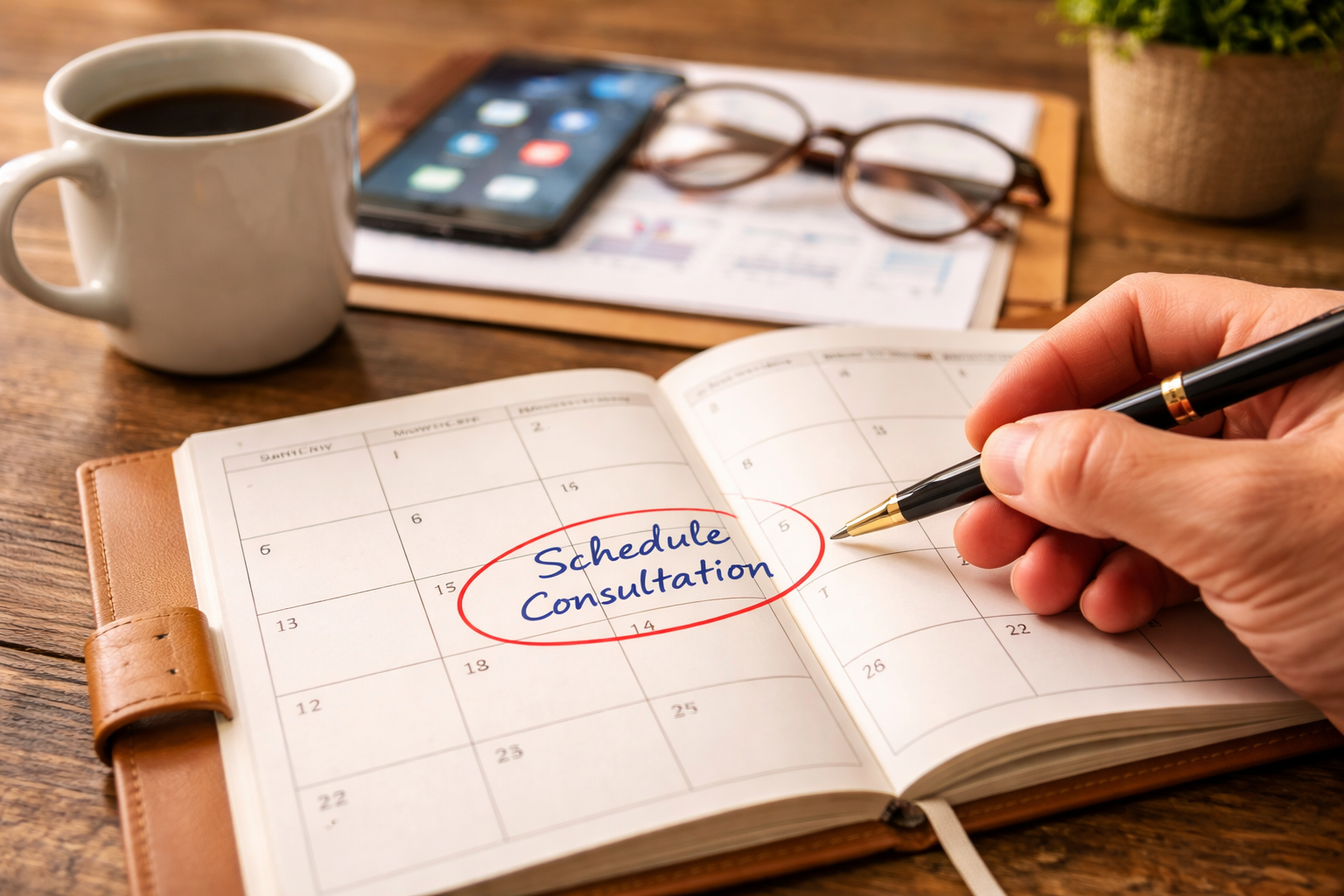 A planner open to a page with an appointment labeled 'Schedule Consultation' written in blue and circled in red. A hand holds a black pen poised to write. On the table, there is a cup of coffee, a smartphone, glasses, a magazine or newspaper, and a small potted plant.