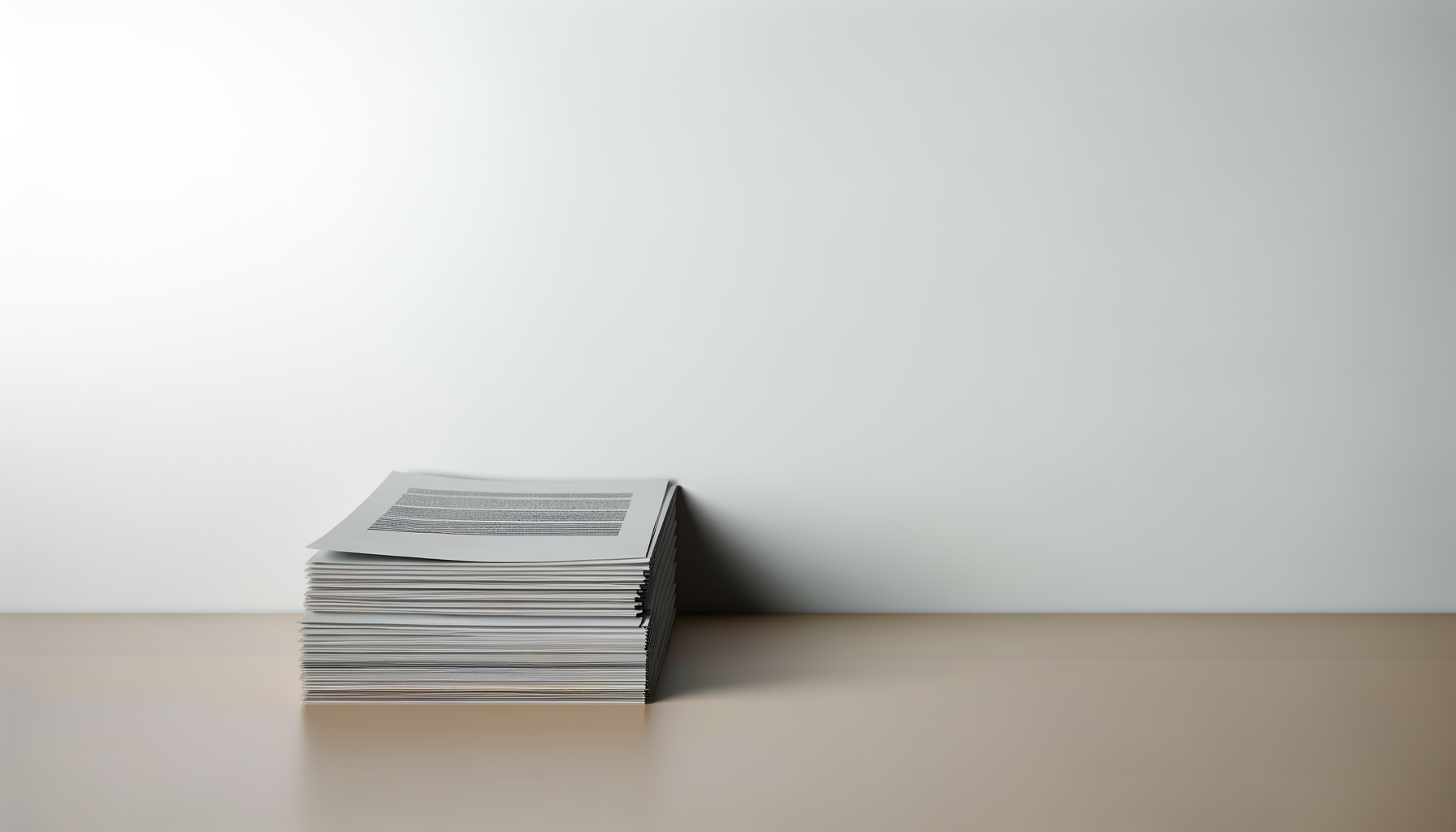 Stack of papers on a beige table against a plain white background.