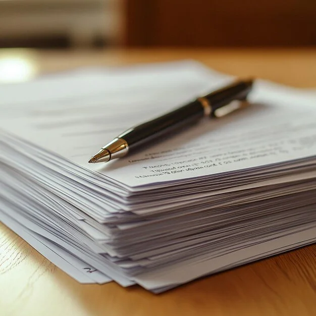 A close-up image of a black ballpoint pen resting on a thick stack of white papers on a wooden surface.