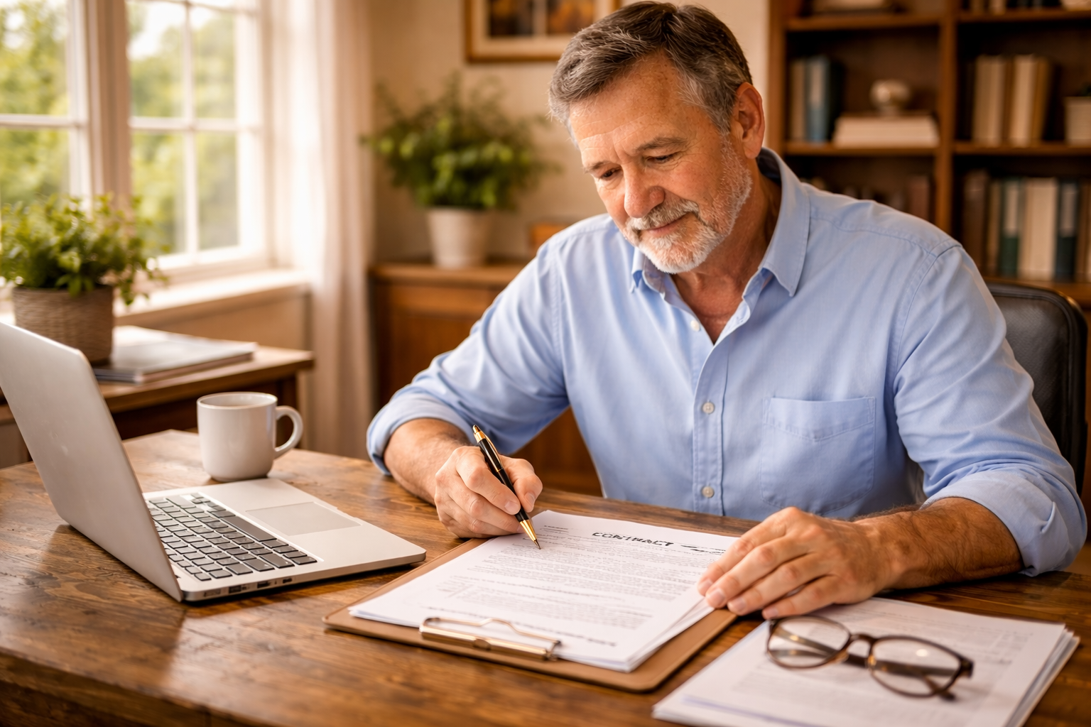 An older man with gray hair and a beard, wearing a light blue shirt, signing a contract at a wooden desk with a laptop, coffee mug, and papers, in a home office with large windows with curtains and plants in the background.