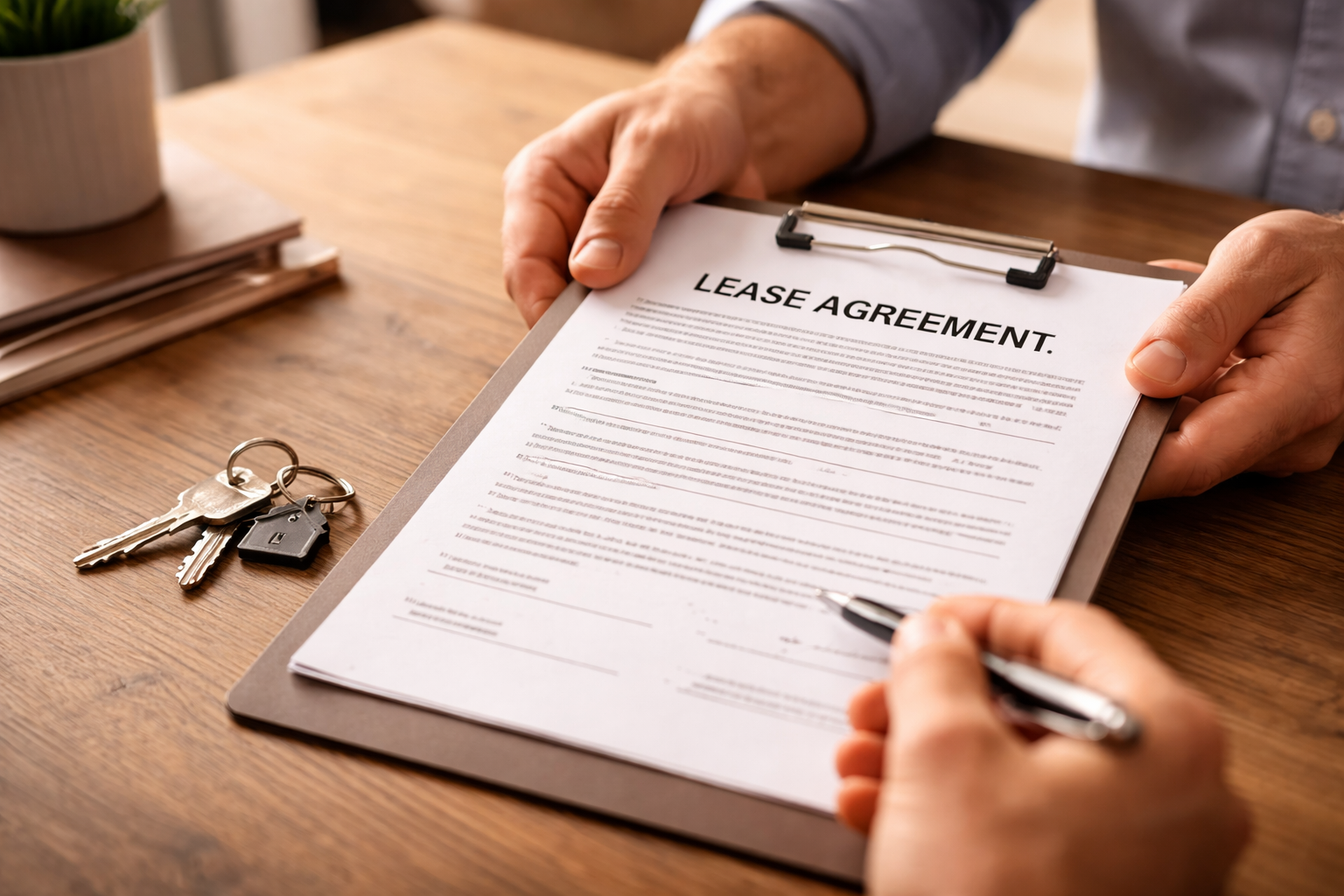 Person signing a lease agreement document on a clipboard with a pen, keys and a house-shaped keychain on a wooden table.