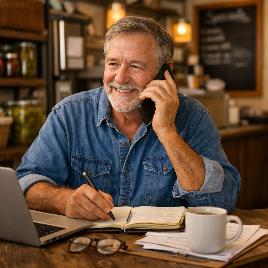 An older man with gray hair and a beard smiling while talking on a cell phone in a cozy cafe. He is wearing a denim shirt, holding a pen, and writing in a notebook. There is a laptop, a pair of glasses, and a white mug on the table.