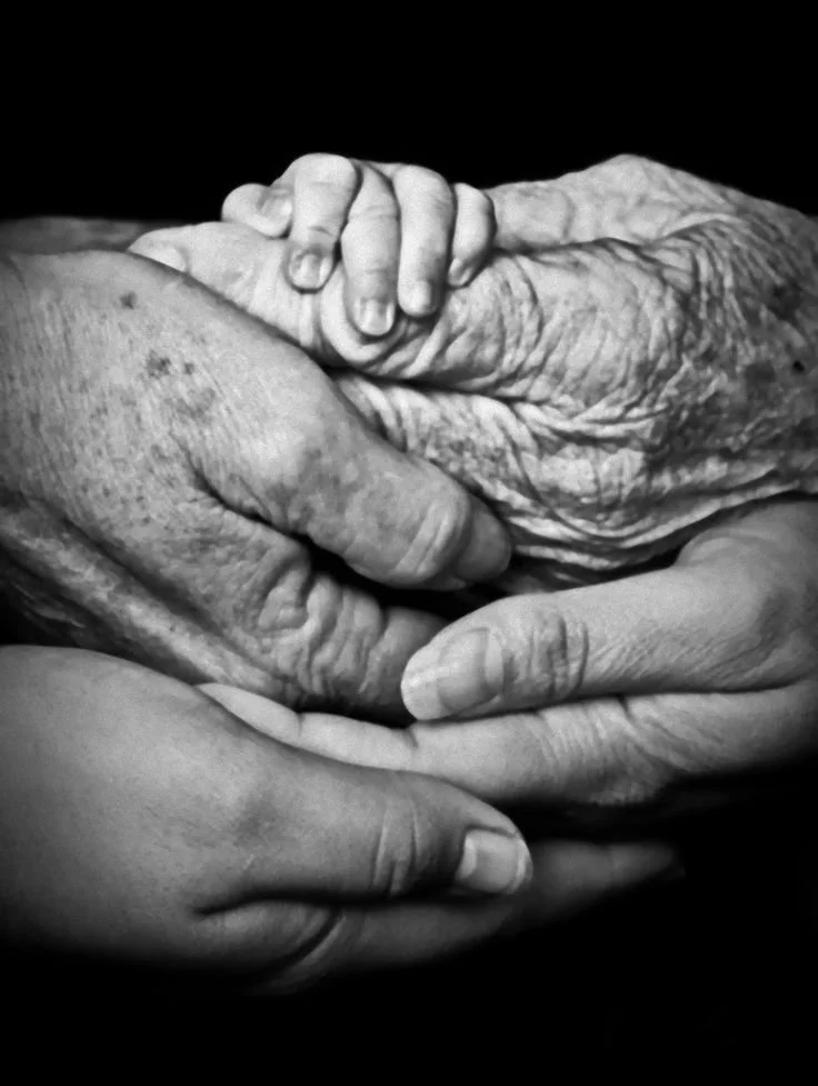 Close-up of three hands holding each other, including elderly and younger hands, in a layered, interconnected manner, black and white.