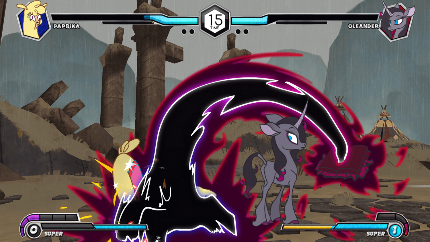 Gameplay screenshot showing Paprika and Oleander in combat on the Alpake Highlands stage in Them’s Fightin’ Herds