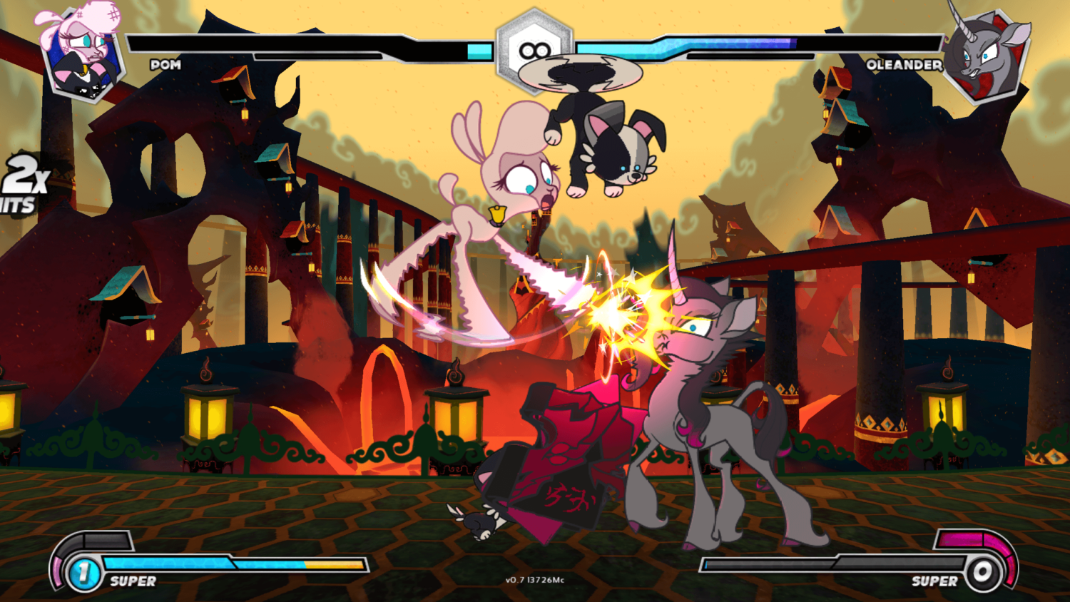 Gameplay screenshot showing Pom and Oleander in combat on Huoshan Capital stage in Them’s Fightin’ Herds