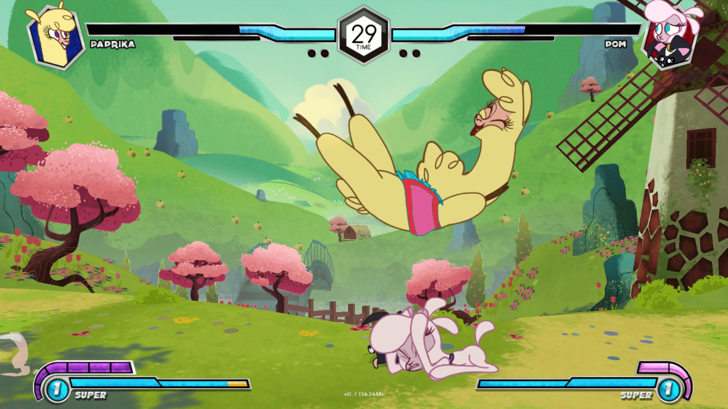 Gameplay screenshot showing Pom and Paprika in combat on the Baaah stage in Them’s Fightin’ Herds