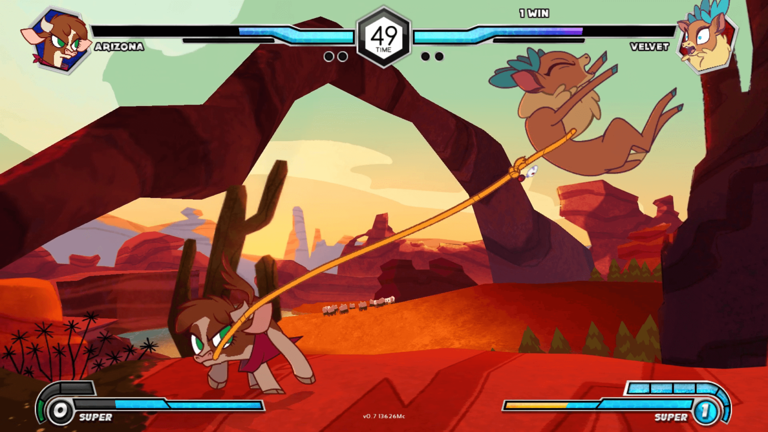 Gameplay screenshot showing Arizona and Velvet in combat on the Sunset Prairie stage in Them’s Fightin’ Herds